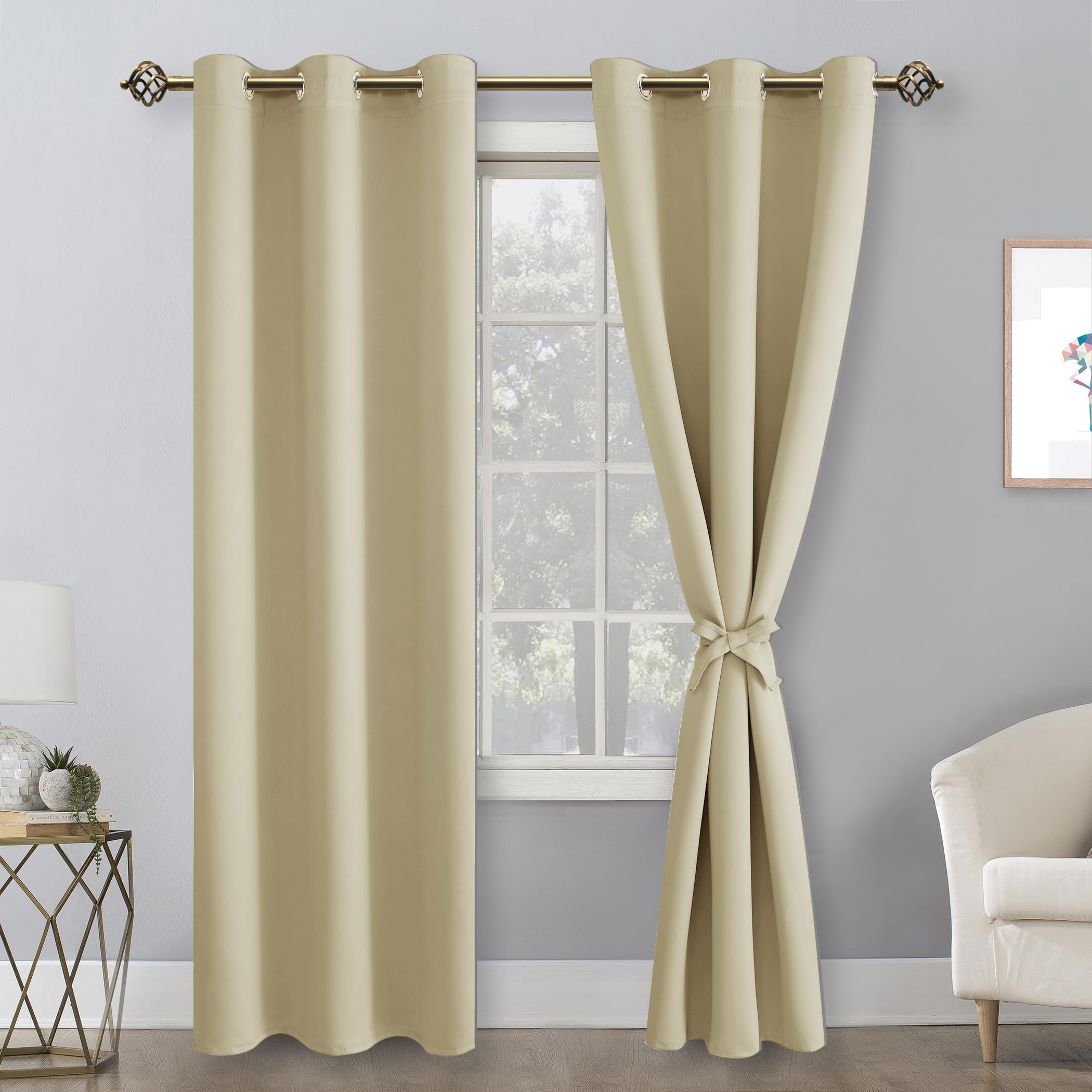 Hiasan Blackout Curtains For Bedroom, 42 X 84 Inches Long - Thermal Insulated & Light Blocking Window Curtains For Living Room, 2 Drape Panels Sewn With Tiebacks, Light Beige