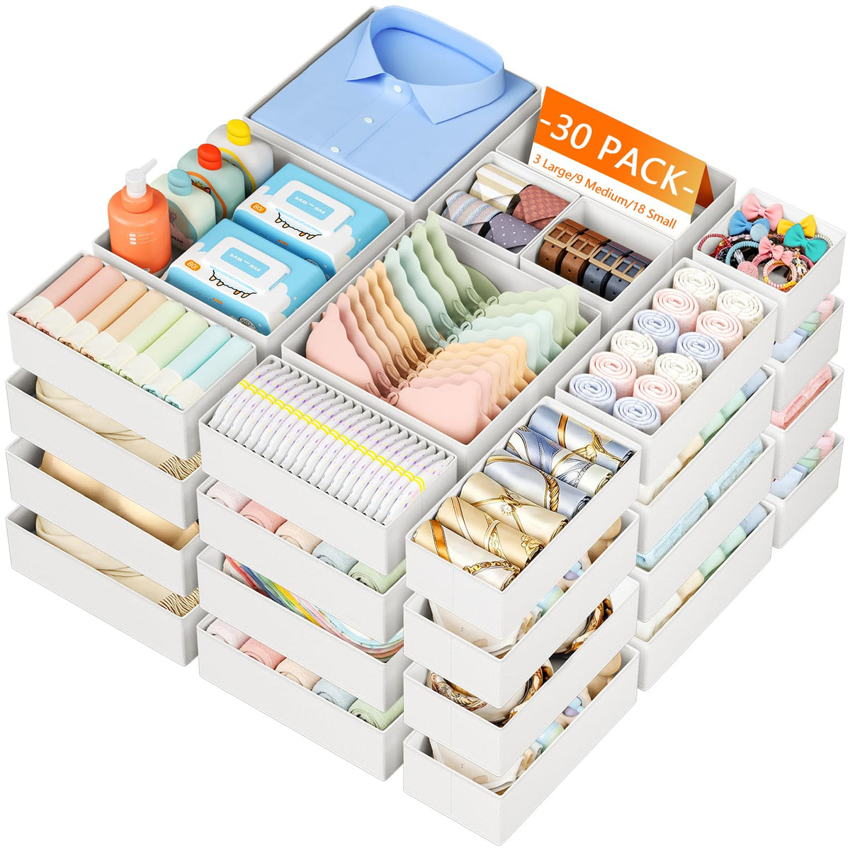 DIMJ Drawer Organizer Clothes, 30 Pack Dresser Organizer, Foldable Closet Organizers and Storage, Fabric Dresser Bins, Drawer Di