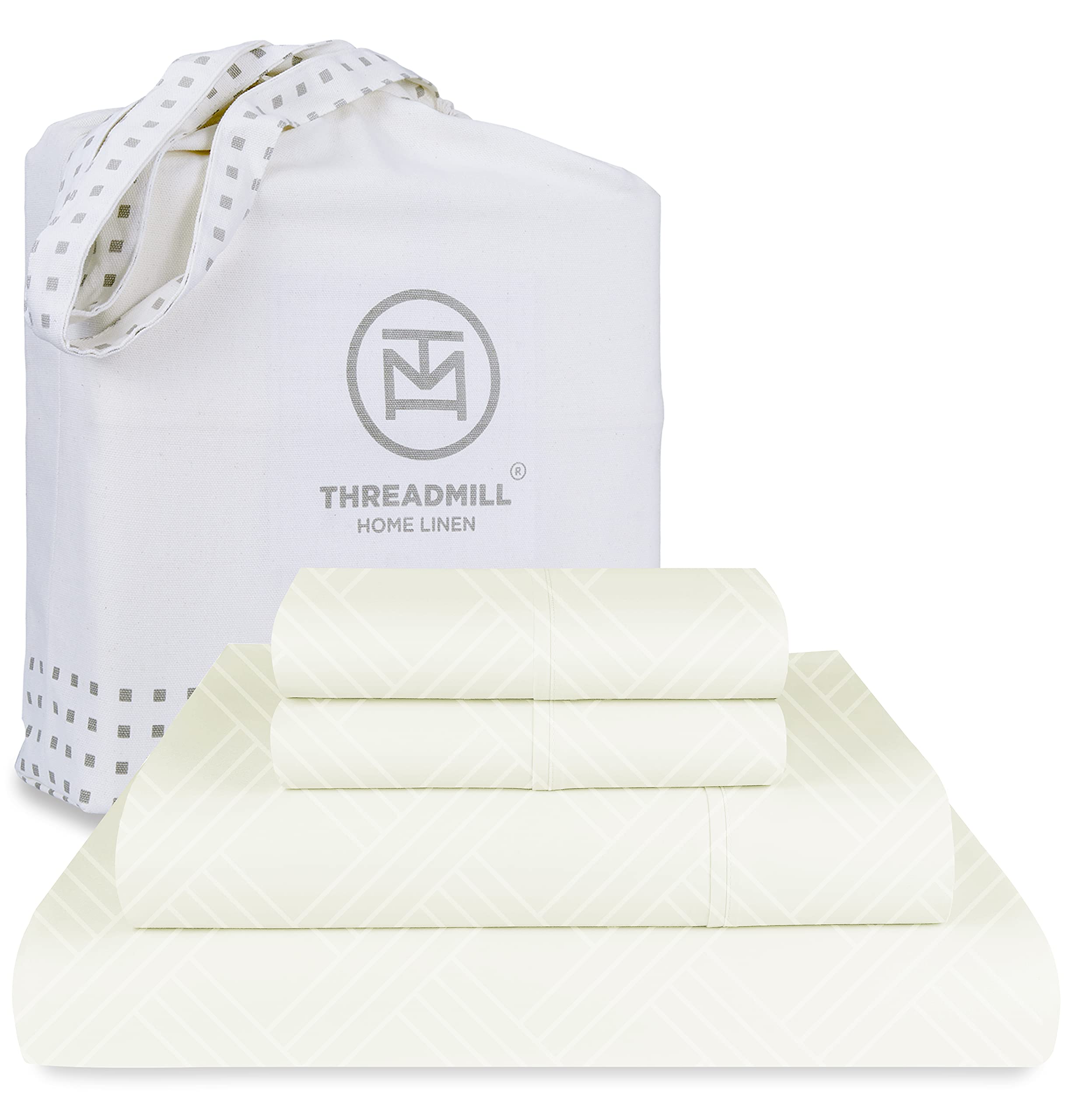 Threadmill Luxury 100% Cotton Queen Bed-Sheets - 800 Thread Count Jacquard Celine Ivory, Better Than Egyptian Cotton,4 Pc Stripe