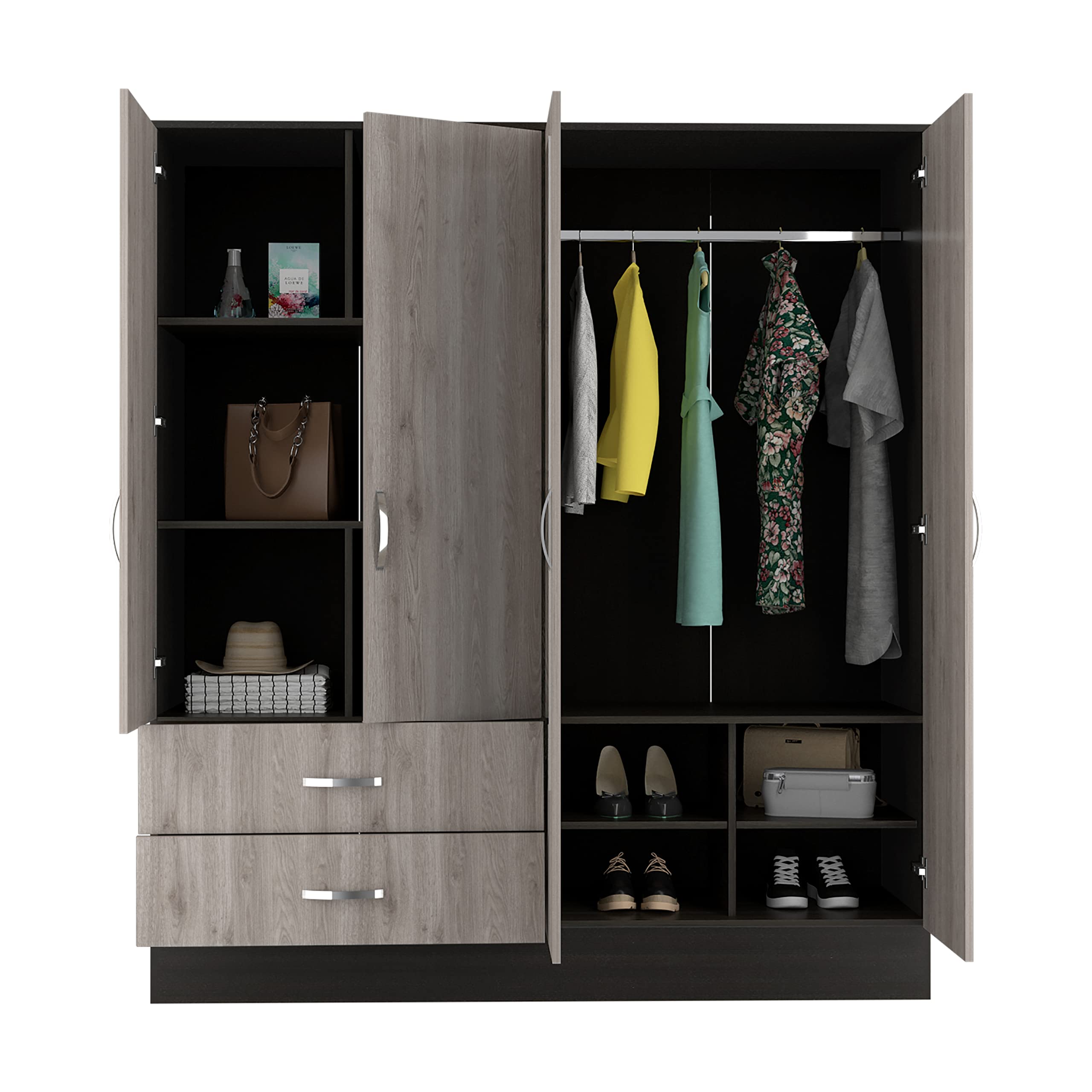 Gangi 160 Armoire, Double Door Cabinet, 2 Mirrors, Metal Hardware, 2 Drawers, Rod, 6 Shelves, Black/Light Gray