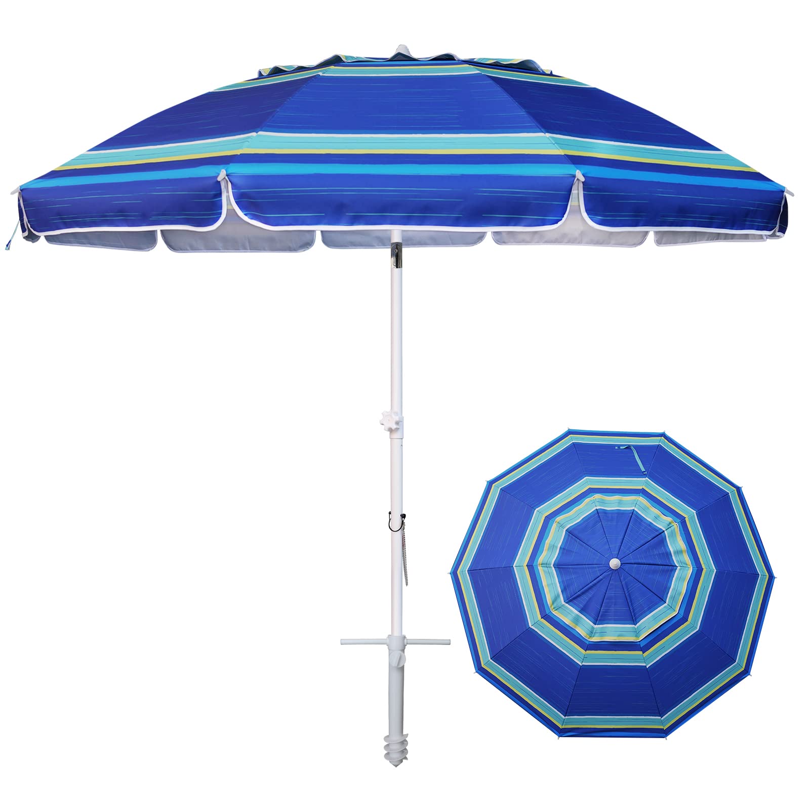 AMMSUN 8 Feet Large Beach Umbrella with Sand Anchor Heavy Duty High Wind Portable Outdoor Umbrellas UPF 50+ Protection Air Vent 