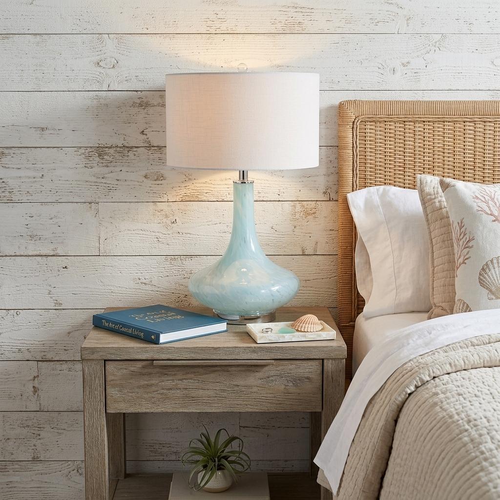 29 Light Blue And Clear Teardrop Glass Table Lamp With Drum Shade