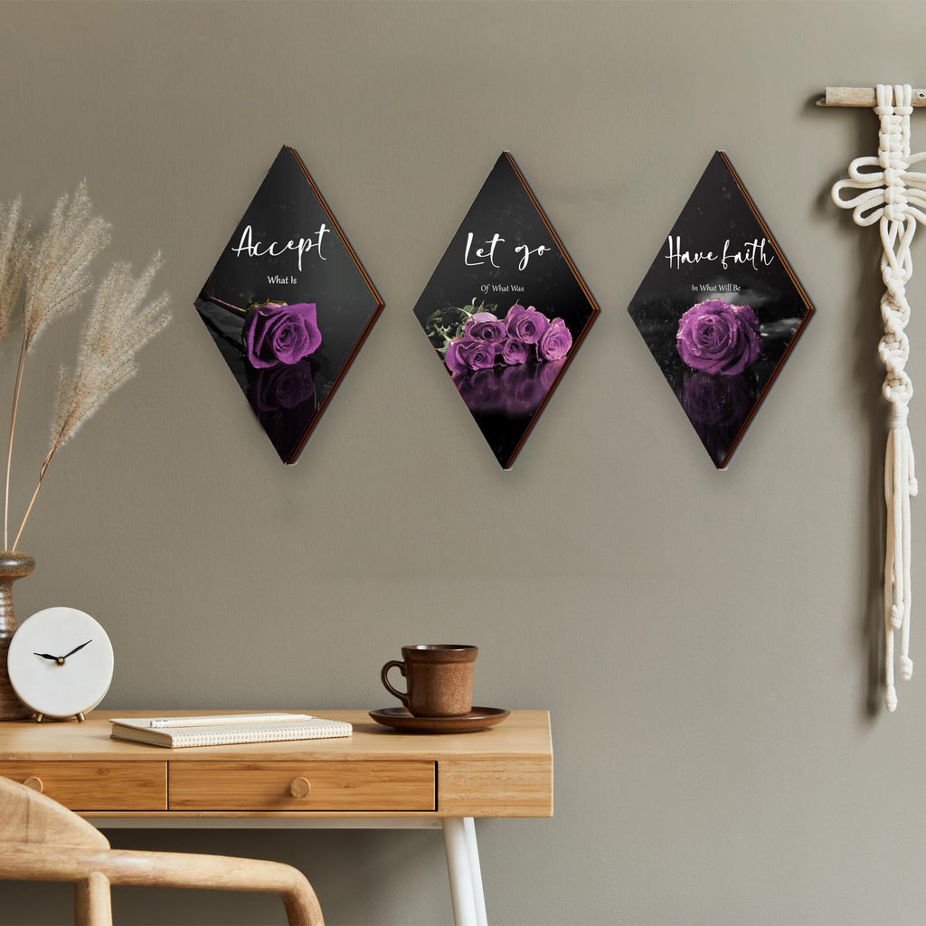 3 Pcs Purple Wall Decor Inspirational Purple Rose Bathroom Decor Wooden Purple Wall Art Office Wall Decor With Accept Let Go Hav