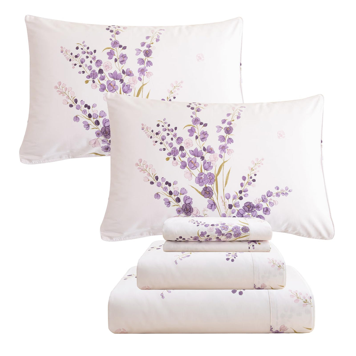 Qsh Lavender Floral Bed Sheets Queen Size - 100% Egyptian Cotton Sheets Purple Flower Printed Bedding Sheets Queen Size Bed 4Pcs