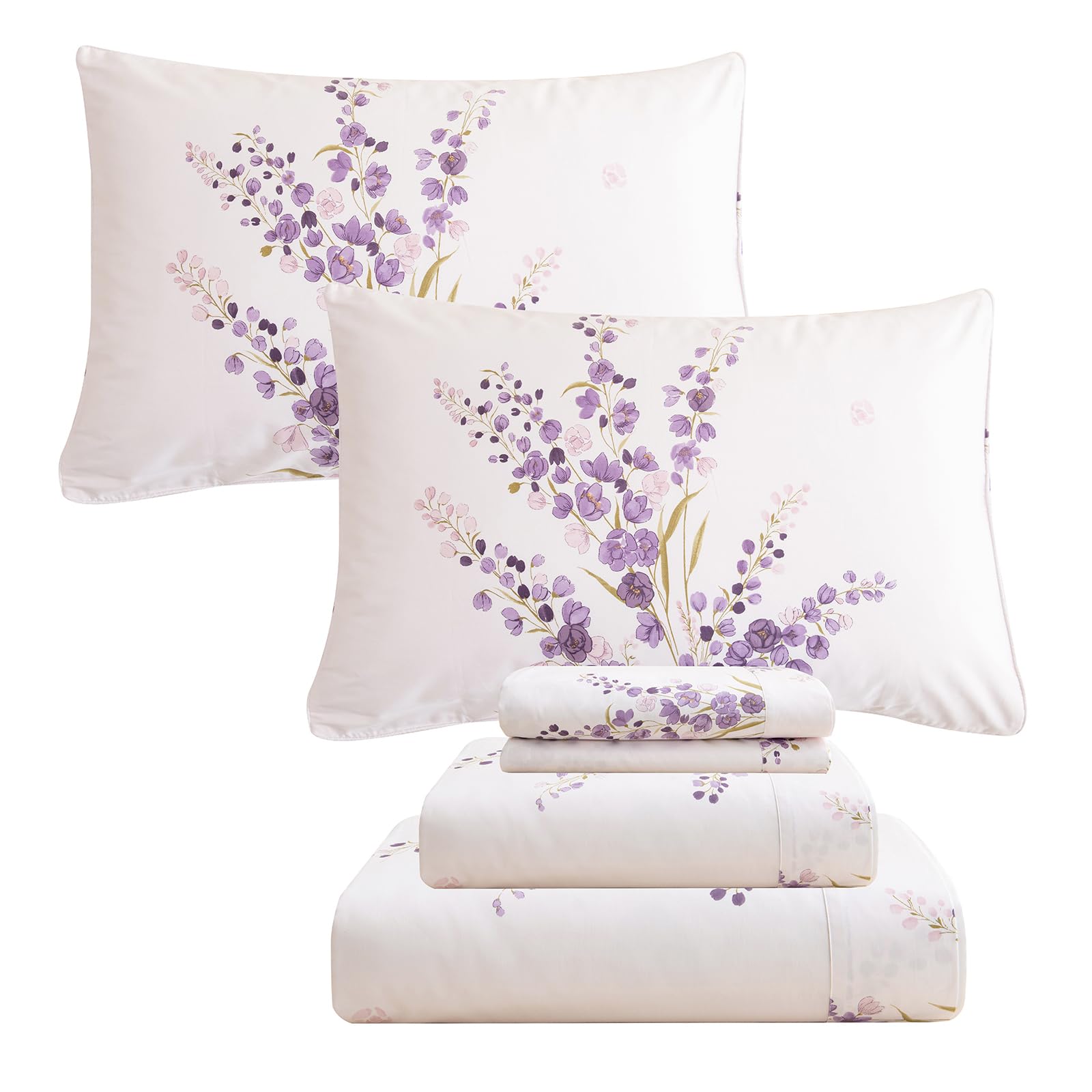 Qsh Lavender Floral Bed Sheets Queen Size - 100% Egyptian Cotton Sheets Purple Flower Printed Bedding Sheets Queen Size Bed 4Pcs