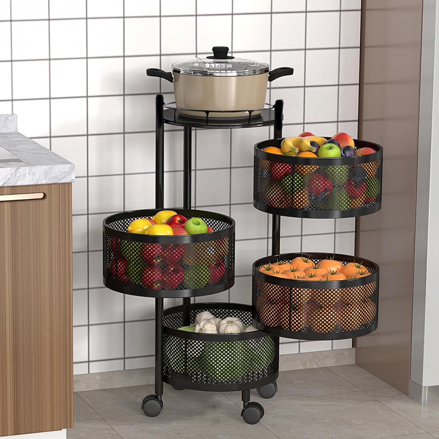 Ganraj 4Layer Round Multipurpose Storage Trolley With Wheels | Rotating Vegetable Kitchen Rack | Kitchen Cabinet Spice Rack | M
