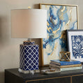 23 Clear Navy Blue And White Geometric Table Lamp With Drum Shade