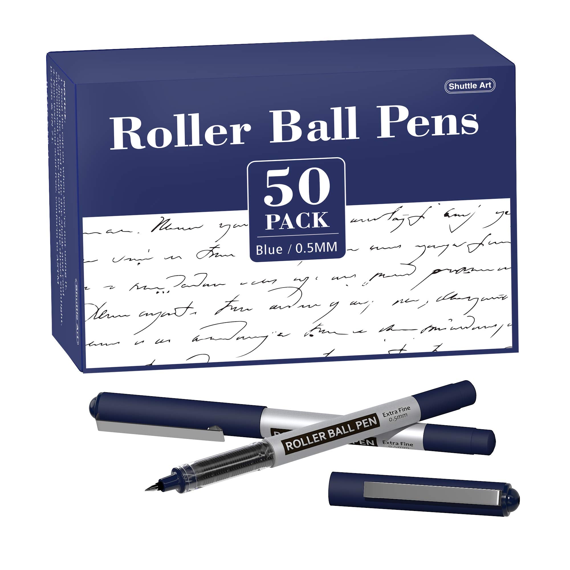 Shuttle Art Rollerball Pens, 50 Pack Blue Fine Point Roller Ball Pens, 0.5Mm Liquid Ink Pens For Writing Journaling Taking Notes