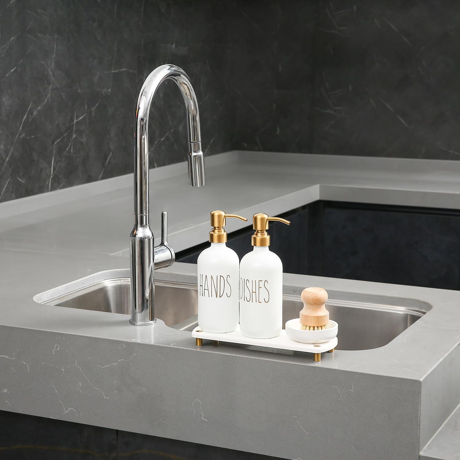 Momeemo Gold Soap Dispenser Set Comes With Stainless Steel Pumps, Instant Dry Tray, And Dish Scrub Brush, Suitable For Kitchen D