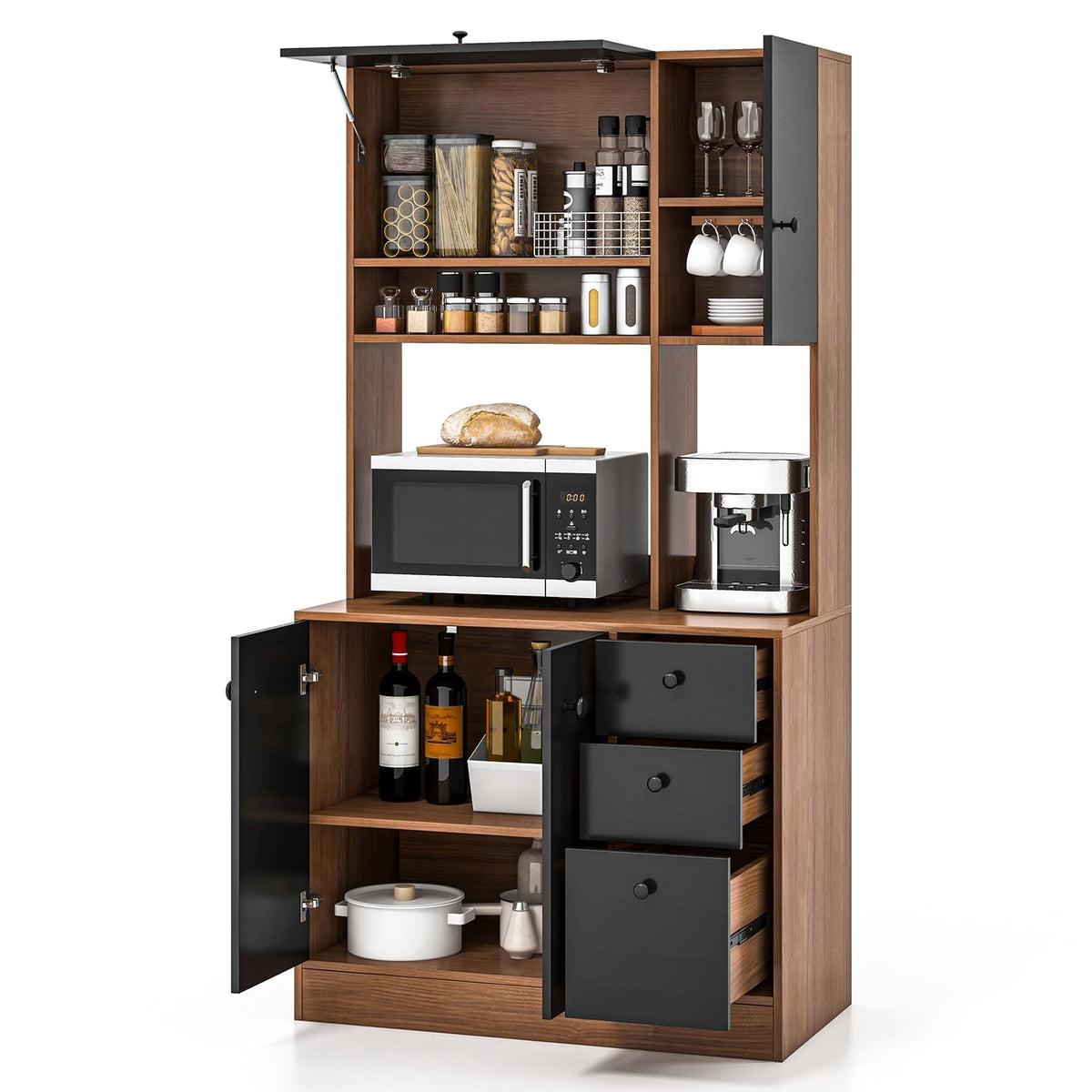 Petsite Kitchen Buffet Hutch Storage Cabinet, 71' Freestanding Pantry With 3 Cabinets & Drawers, Adjustable Shelves, Microwave Cupboard For Living Room, Dining Room
