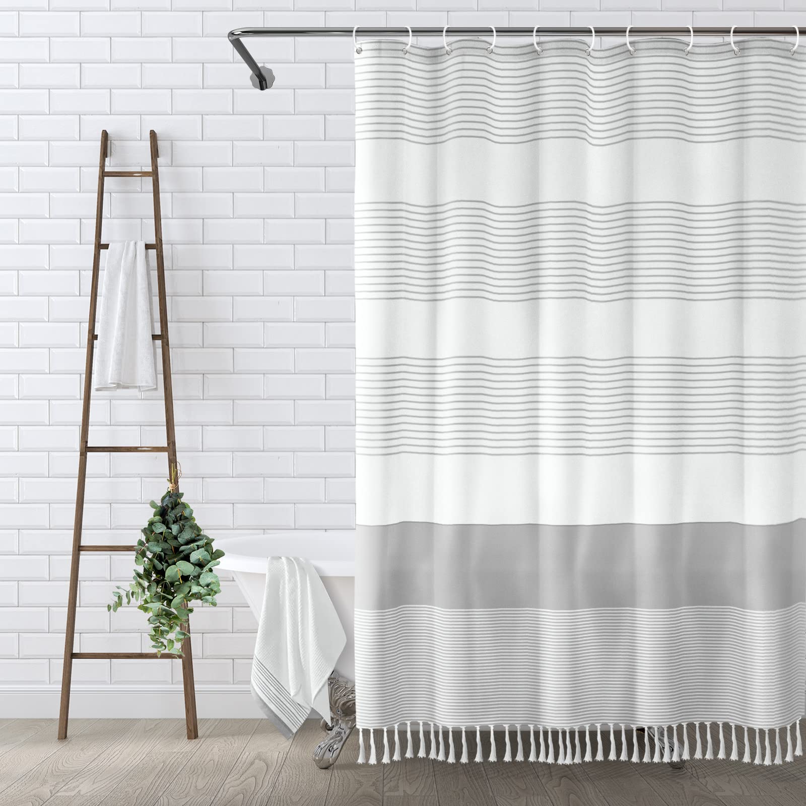 Awellife Boho Gray Shower Curtain For Bathroom Stripe Tassel Shower Curtain 72 X 72 Inches Farmhouse Linen Grey