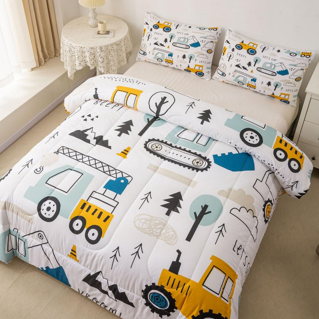 Feelyou Cartoon Car Kids Comforter Set Construction Bedding Set Decor Equipment Trucks Comforter Cartoon Car Excavator Tractor W