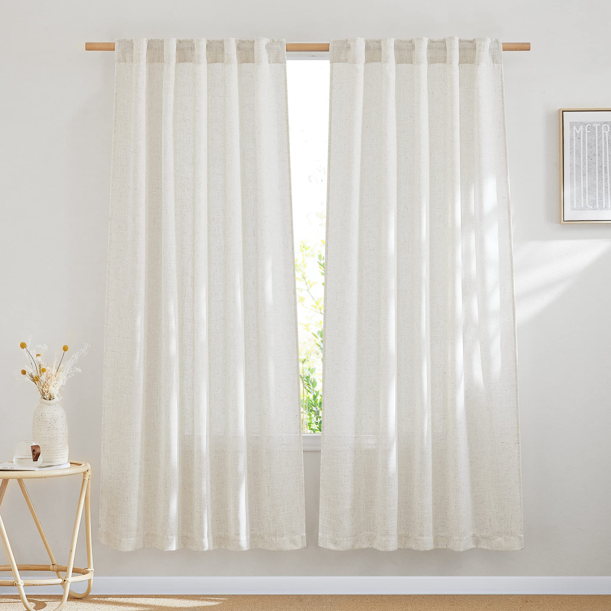 Nicetown Natural Linen Curtains 72 Inches Length, Rod Pocket & Back Tab Privacy With Light Filtering Drapes Flax Linen Blend Win
