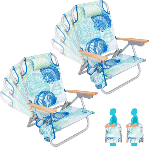 #WEJOY 2 Pack Aluminum Beach Chair with 4 Positions Backpack Beach Chair with Wooden Armrest Portable Reclining Chair with Cup H