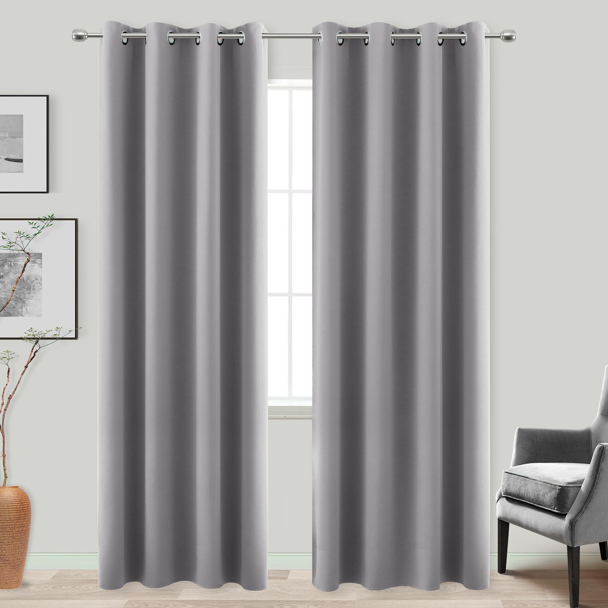 KOUFALL 2 Panels Set 96 Inches Long Blackout Curtains for Living Room,Grommet Puddle Length Room Darkening Thermal Solid Medium 