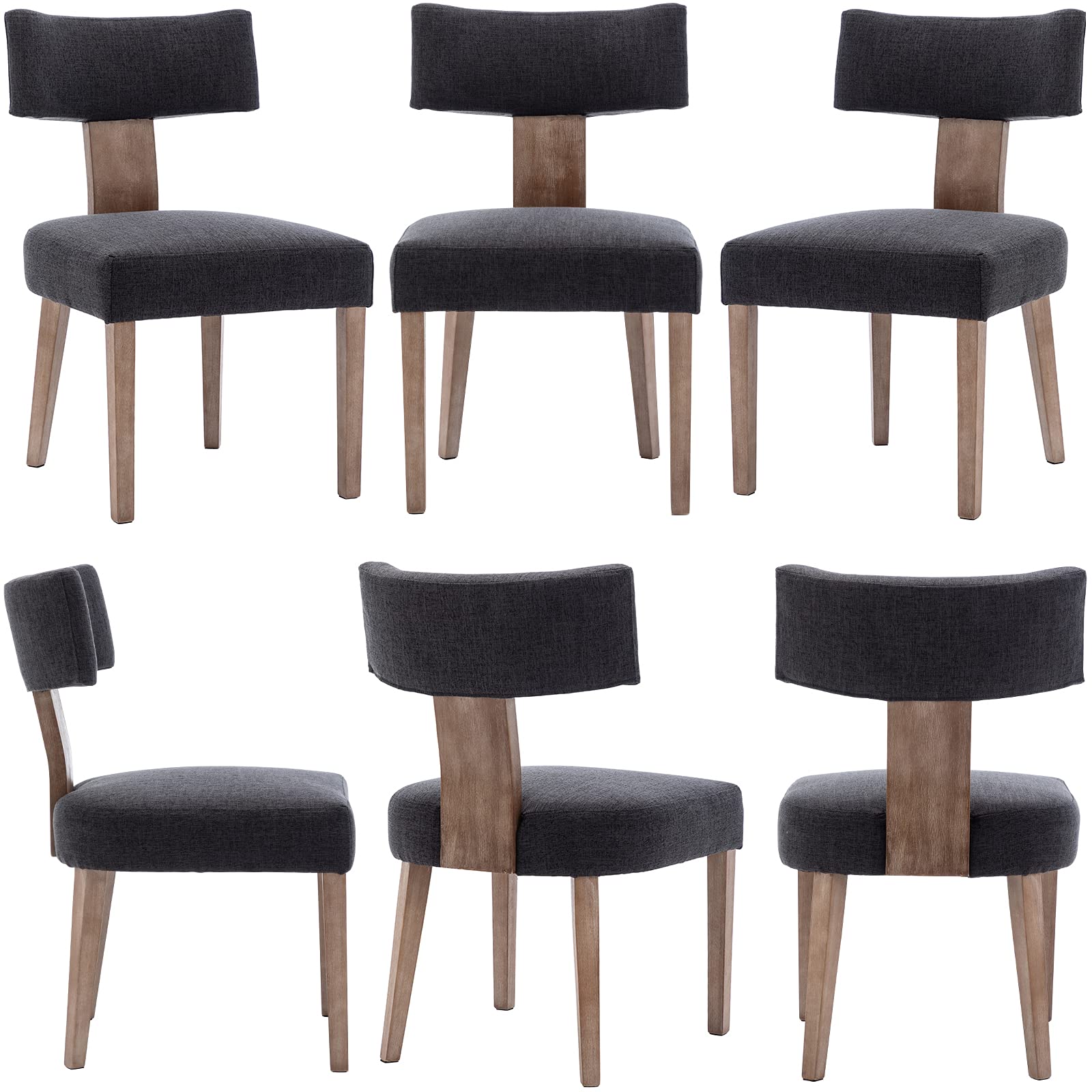 Wahson Farmhouse Kitchen & Dining Room Chairs Set Of 6, Retro Linen Upholstered Dining Chair With Hardwood Legs, Charcoal