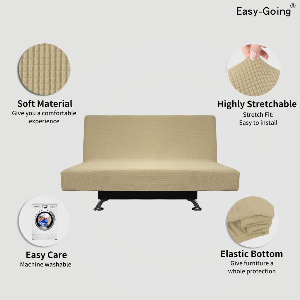 Easy-Going Stretch Futon Slipcover Armless Futon Bed Cover Furniture Protector Without Armrests With Elastic Bottom For Kids, Soft Jacquard Fabric Small Checks (Medium, Beige)