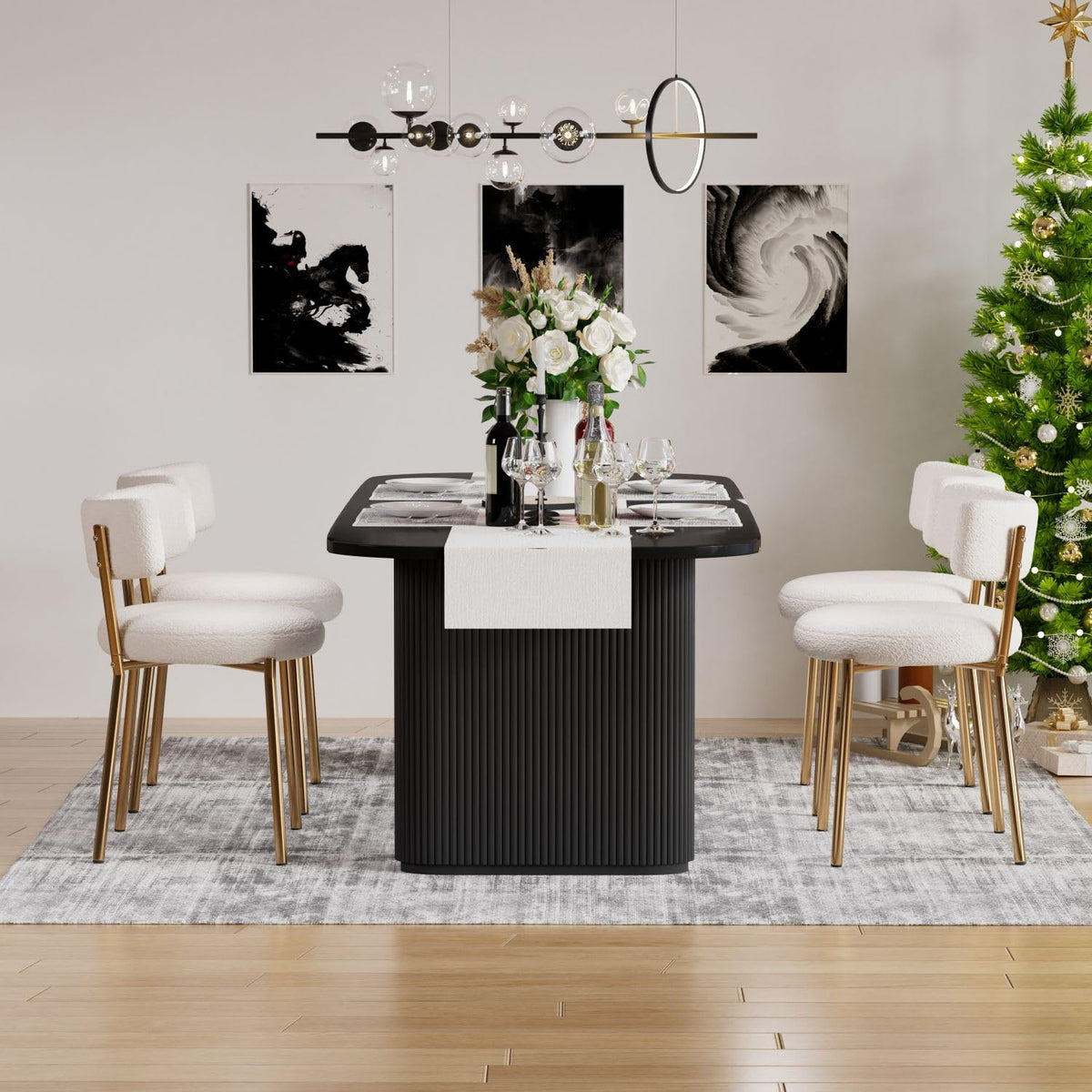 Haizao Modern Dining Chairs Set Of 4, Round Upholstered Boucle Sherpa Dining Chairs, Curved Backrest Kitchen Dining Room Chairs,