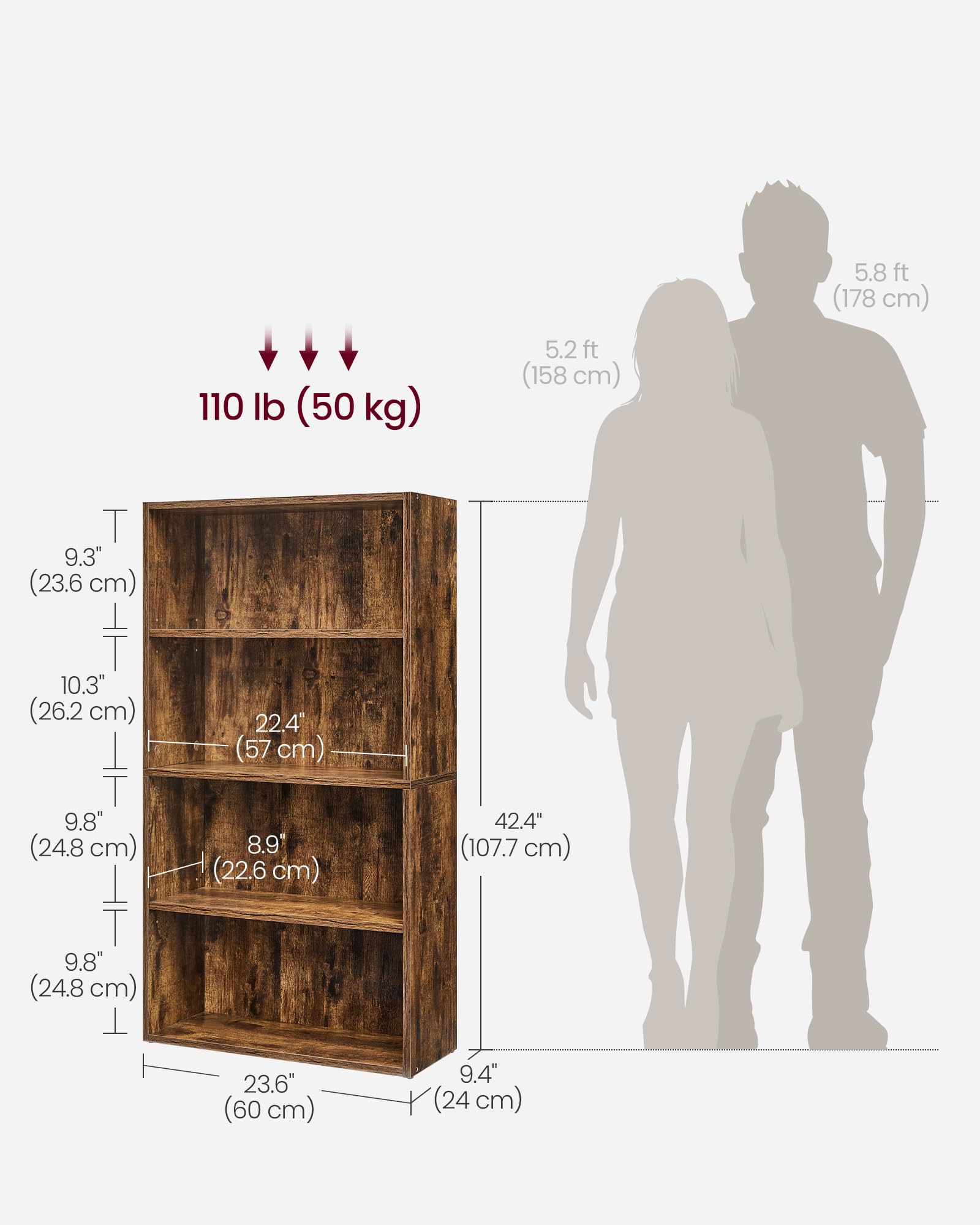 Vasagle Bookshelf, 23.6 Inches Wide, 4-Tier Open Bookcase With Adjustable Storage Shelves, Floor Standing Unit, Rustic Brown Ulbc164X01