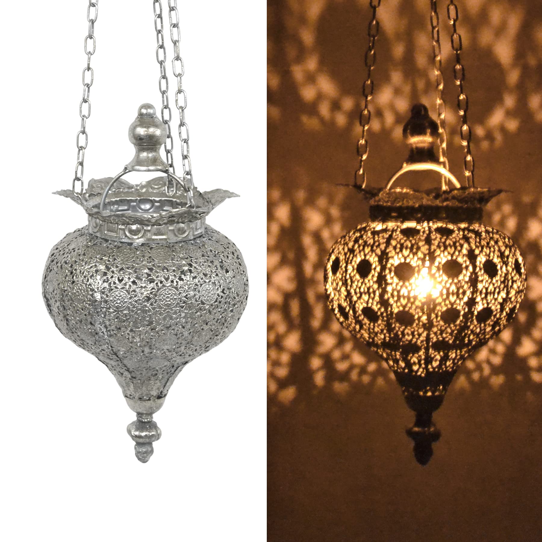 Westcharm Antique Silver Oriental Moroccan Ramadan Lantern Metal Hanging Pendant Light Candle Lantern Lamp Decorative Decor Indo