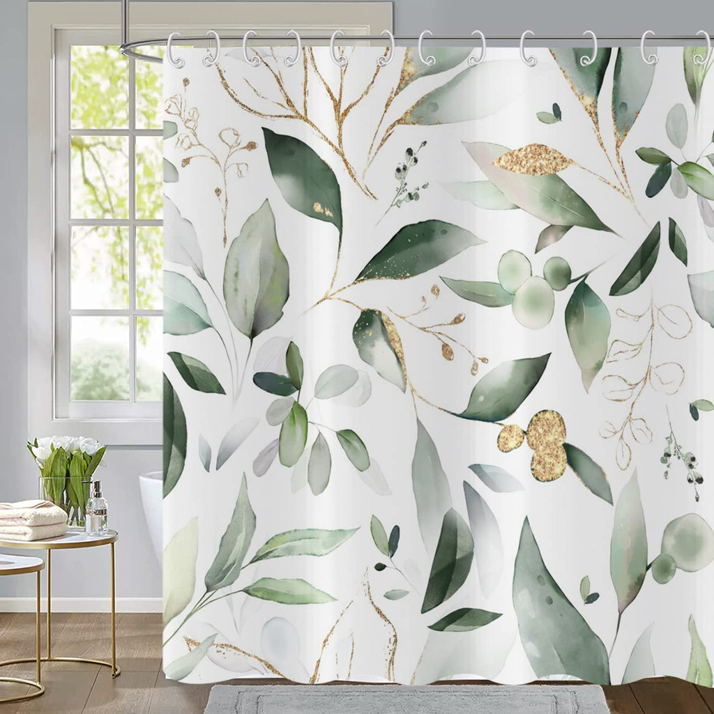 GCIREC Green and Gold Leaf Shower Curtain, Sage Eucalyptus Leaves with Gold Branches Botanical Plants Fabric Bathroom Curtain Ho