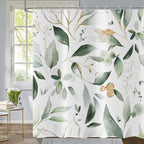GCIREC Green and Gold Leaf Shower Curtain, Sage Eucalyptus Leaves with Gold Branches Botanical Plants Fabric Bathroom Curtain Ho