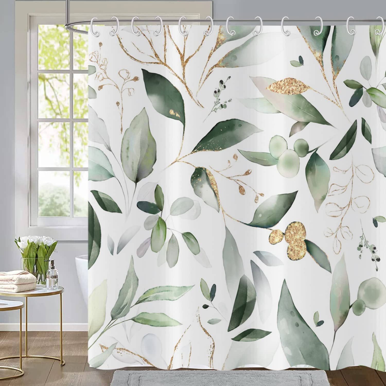 GCIREC Green and Gold Leaf Shower Curtain, Sage Eucalyptus Leaves with Gold Branches Botanical Plants Fabric Bathroom Curtain Ho
