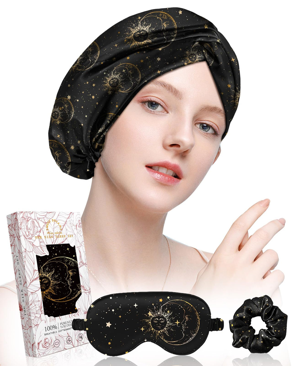 Miss Adola Silk Bonnet for Women - Mulberry Silk Sleep Cap for Hair Care with Eye Mask & Scrunchie 19 Momme Night Cap Sleeping S