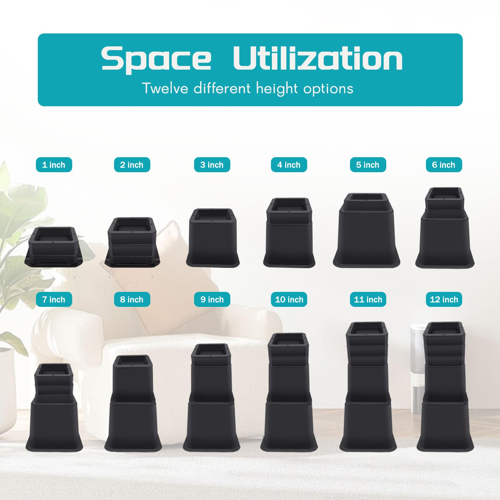 Annkut Bed Risers 12 Inch Heavy Duty,Elevation In Heights 1,2,3,4,5,6,7,8,9,10,11,12 Inch,Adjustable Furniture Risers For Chair