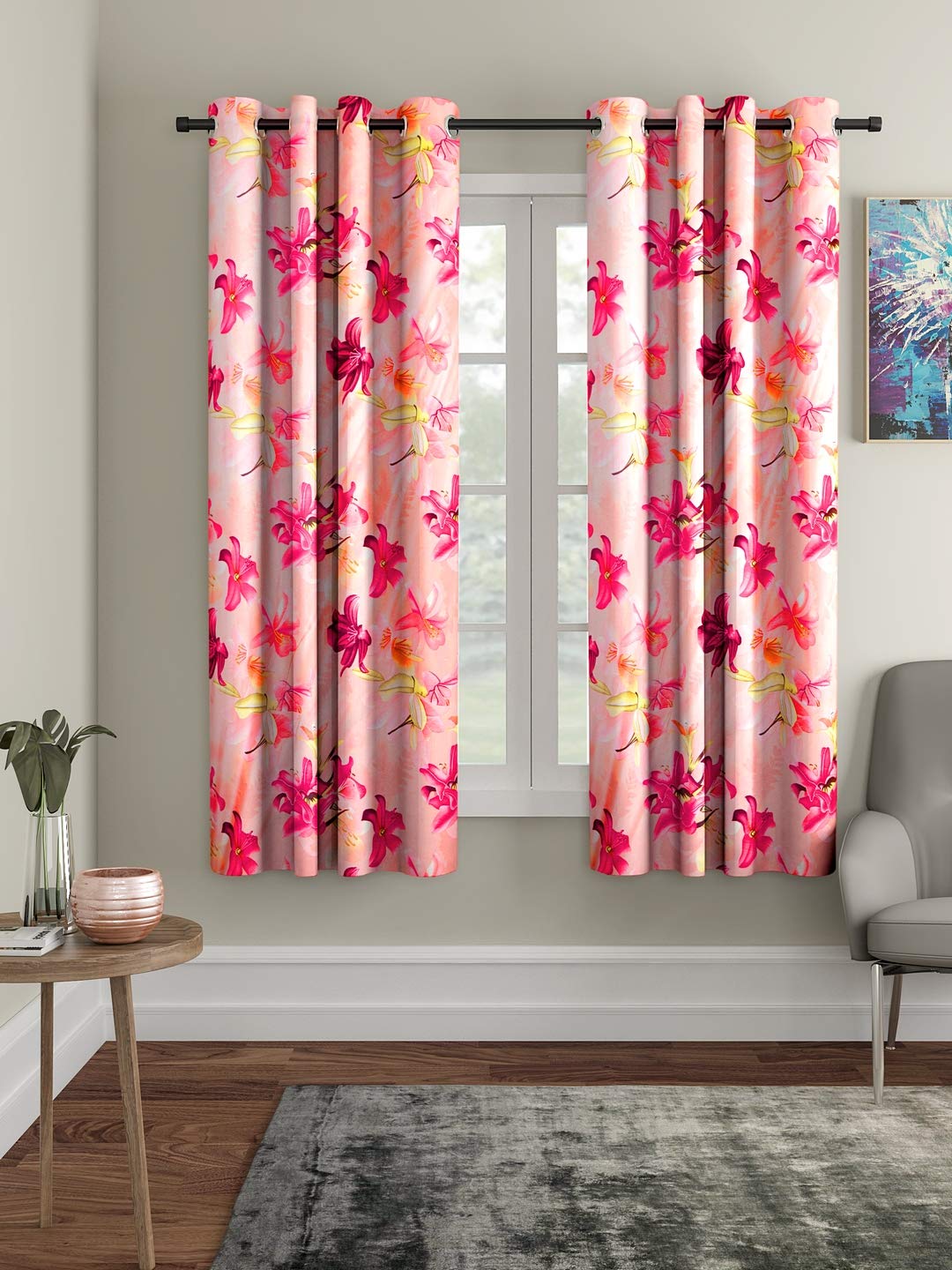 Home Sizzler 2 Pieces 3D Flower Eyelet Polyester Window Curtains  5 Feet, Pink | SemiSheer