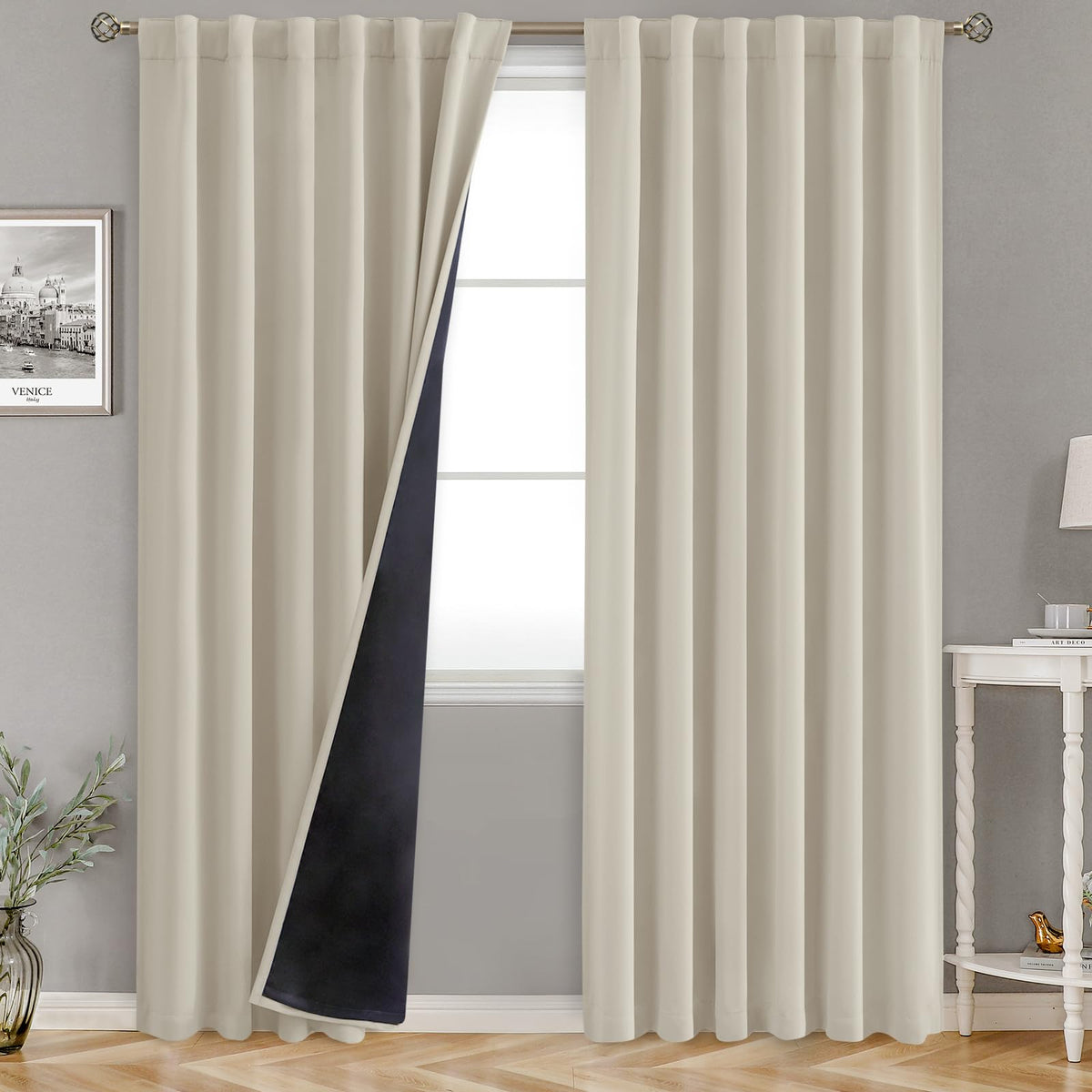 Bgment 100% Room Darkening Thermal Insulated Blackout Curtains 95 Inches Long With Liner, Rod Pocket And Back Tab Double Layer N