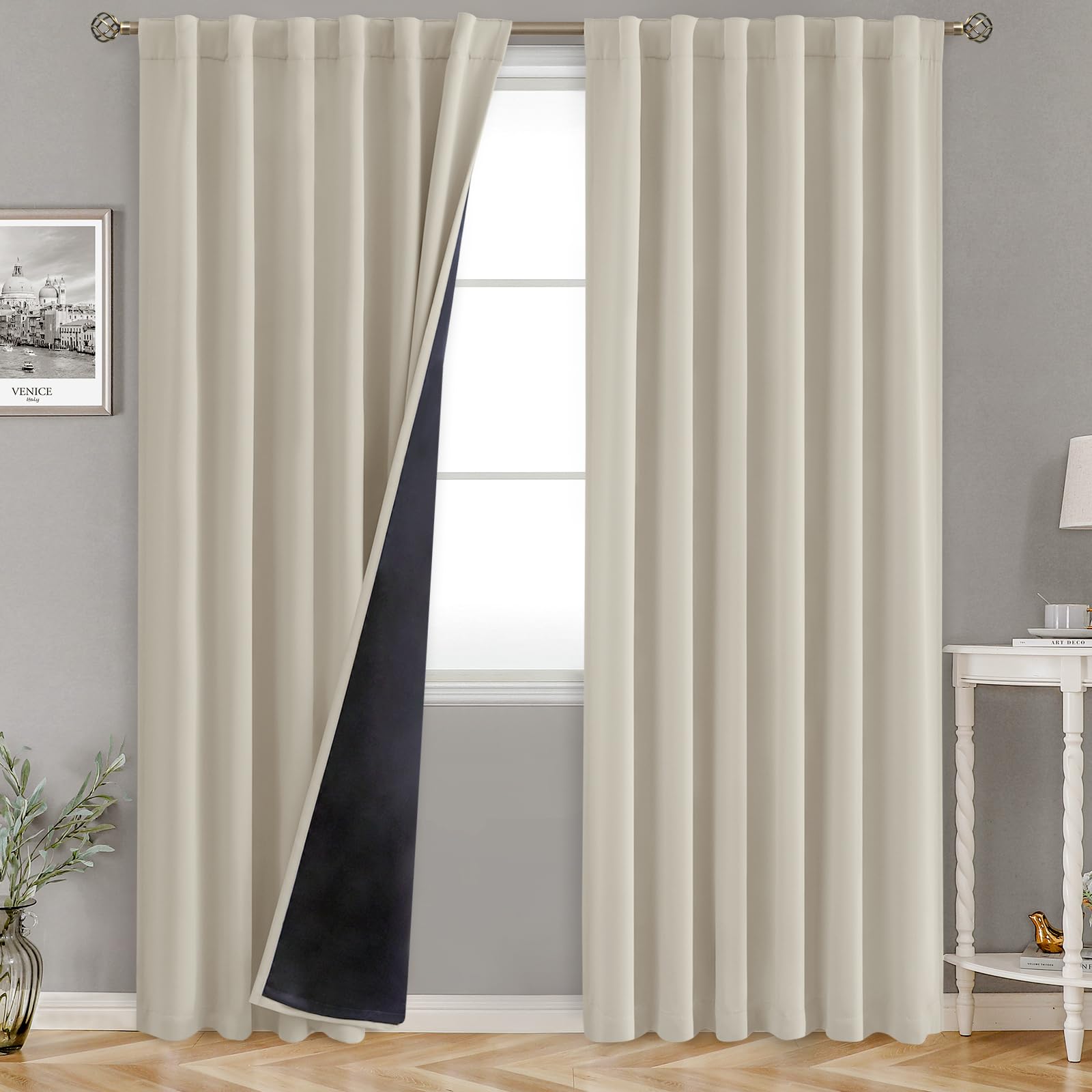 Bgment 100% Room Darkening Thermal Insulated Blackout Curtains 84 Inch For Bedroom, Rod Pocket And Back Tab Double Layer Noise R