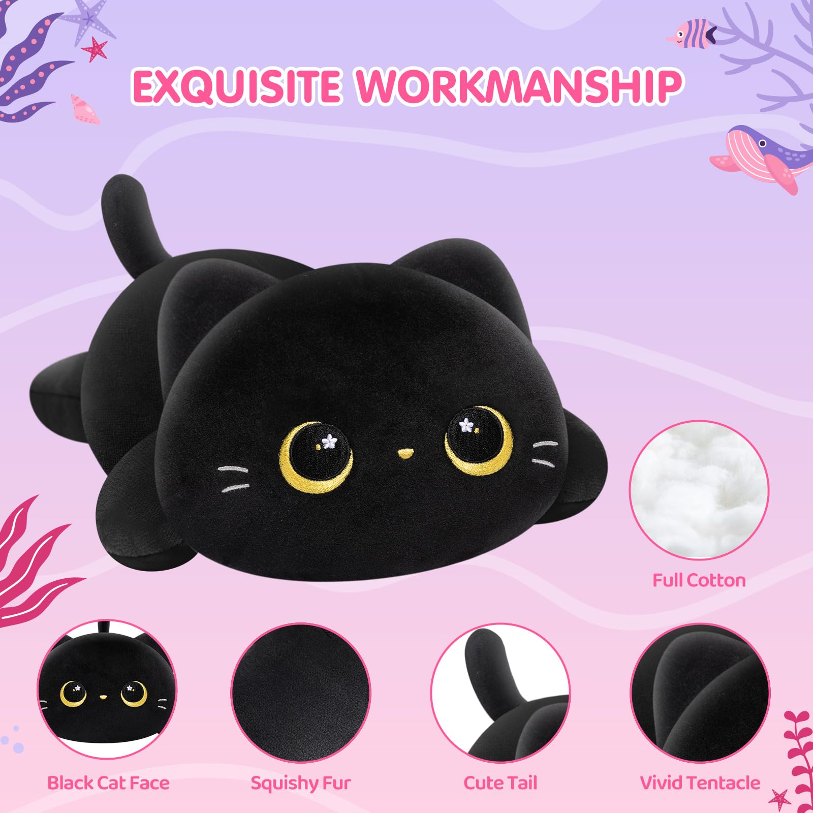 Mewaii Cute Cat Plush Pillow, Kawaii Plushies Black Cat Stuffed Animals, Squishy Plushies, Cuddle Plush Pillow For Boys & Girls