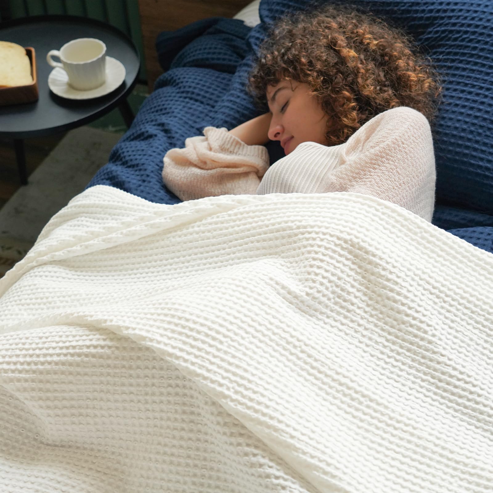 Phf 100% Cotton Waffle Weave Blanket Twin Size 66'X90' - Lightweight Cozy Washed Soft Breathable Throw Blanket - Great Blanket Layer For Couch Bed Sofa - Elegant Aesthetic Home Decoration - Cream