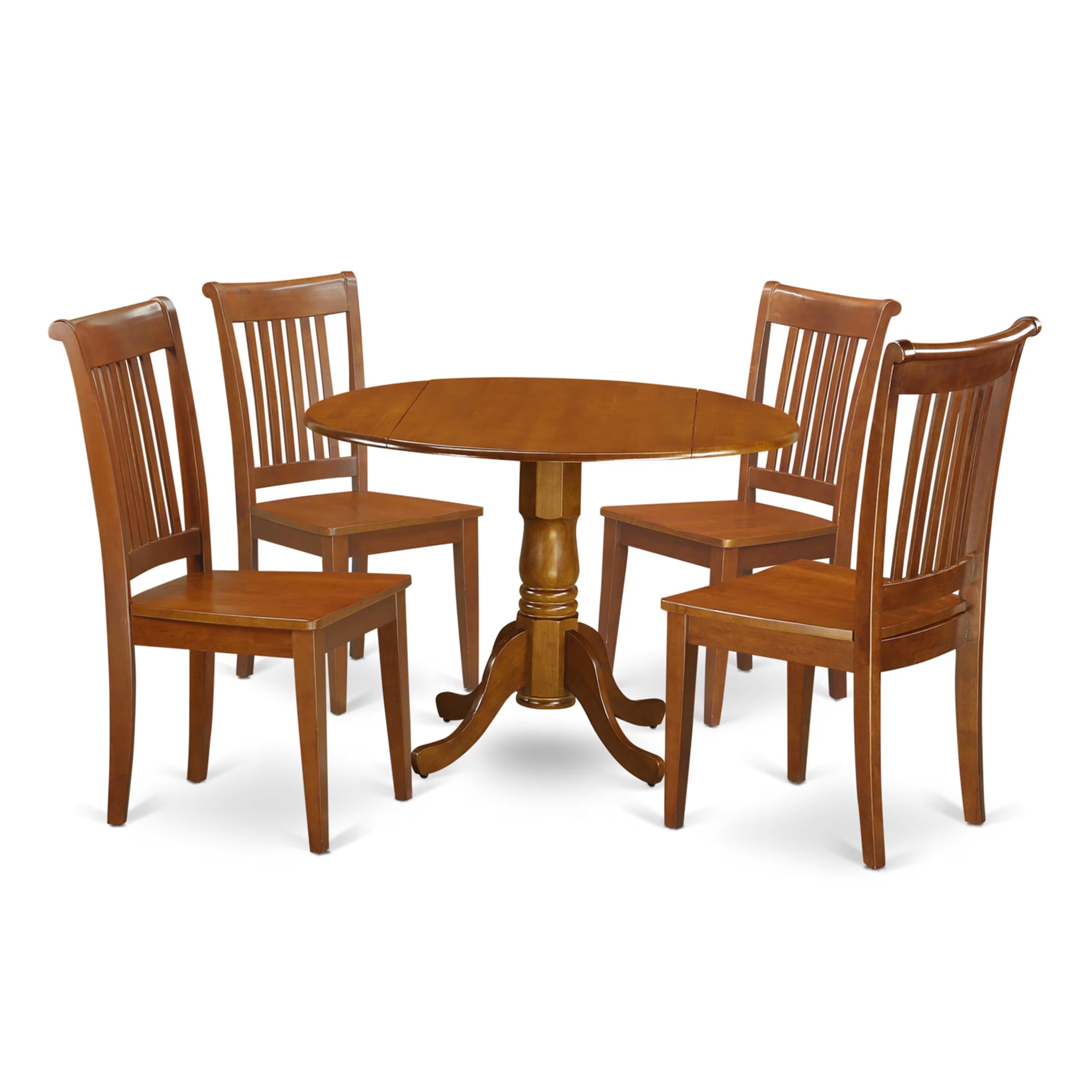 East West Furniture DLPO5-SBR-W 5 Piece Kitchen Table & Chairs Set Includes a Round Dining Table with Dropleaf and 4 Dining Room Chairs, 42x42 Inch, Saddle Brown
