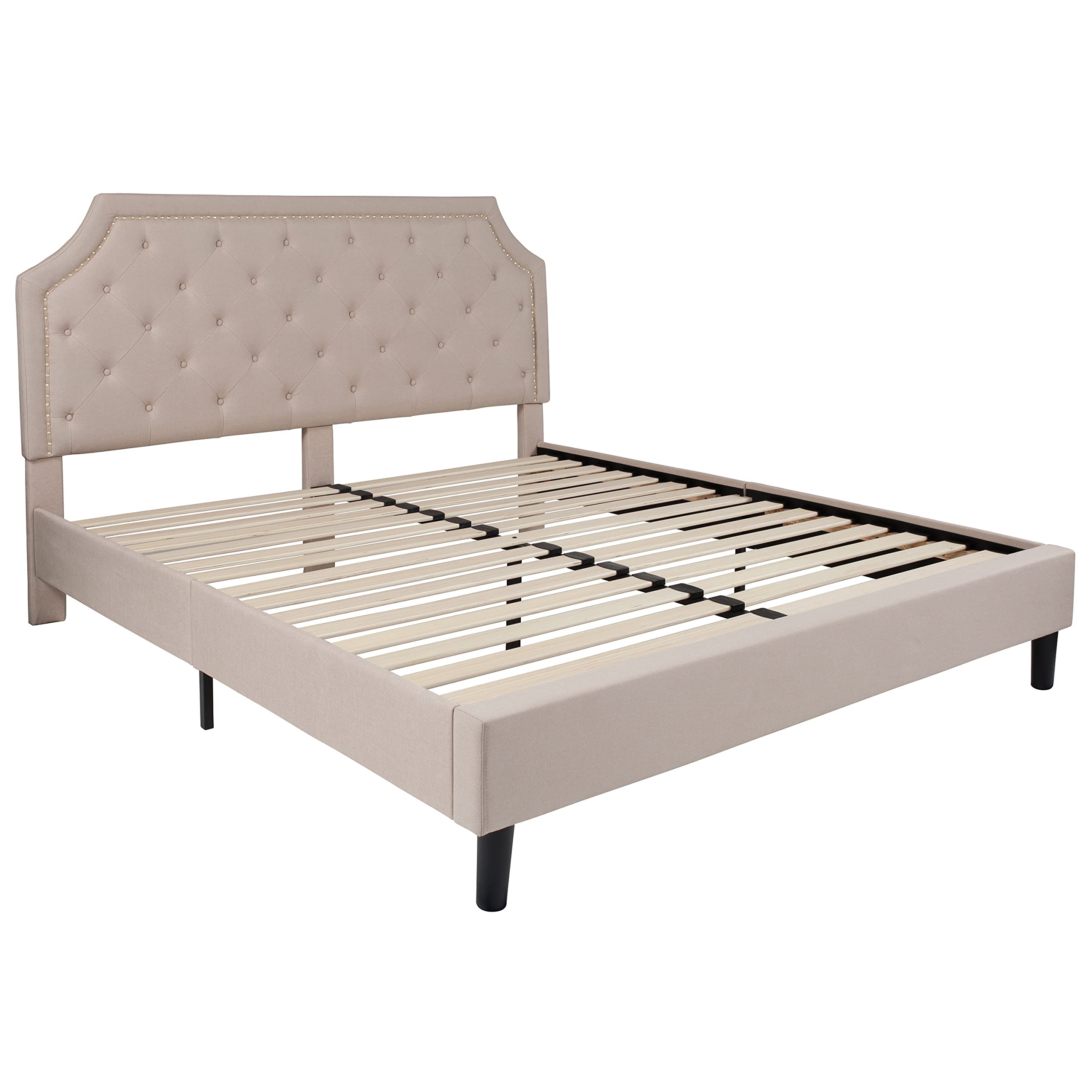 Flash Furniture Brighton Fabric Arched Tufted Upholstered King Size Platform Bed, Modern Low-Profile King Bed Frame With Headboard, Beige