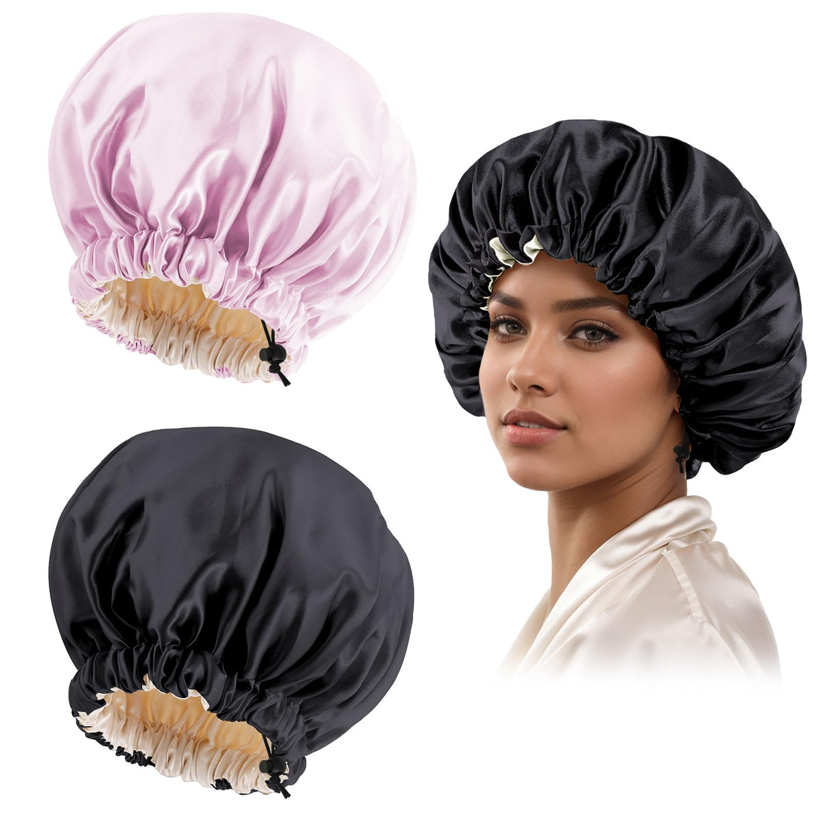Satin Bonnet Silk Bonnet for Curly Hair Bonnet Braid Bonnet for Sleeping Bonnets for Women Large Double-Layer Adjustable(Black&P