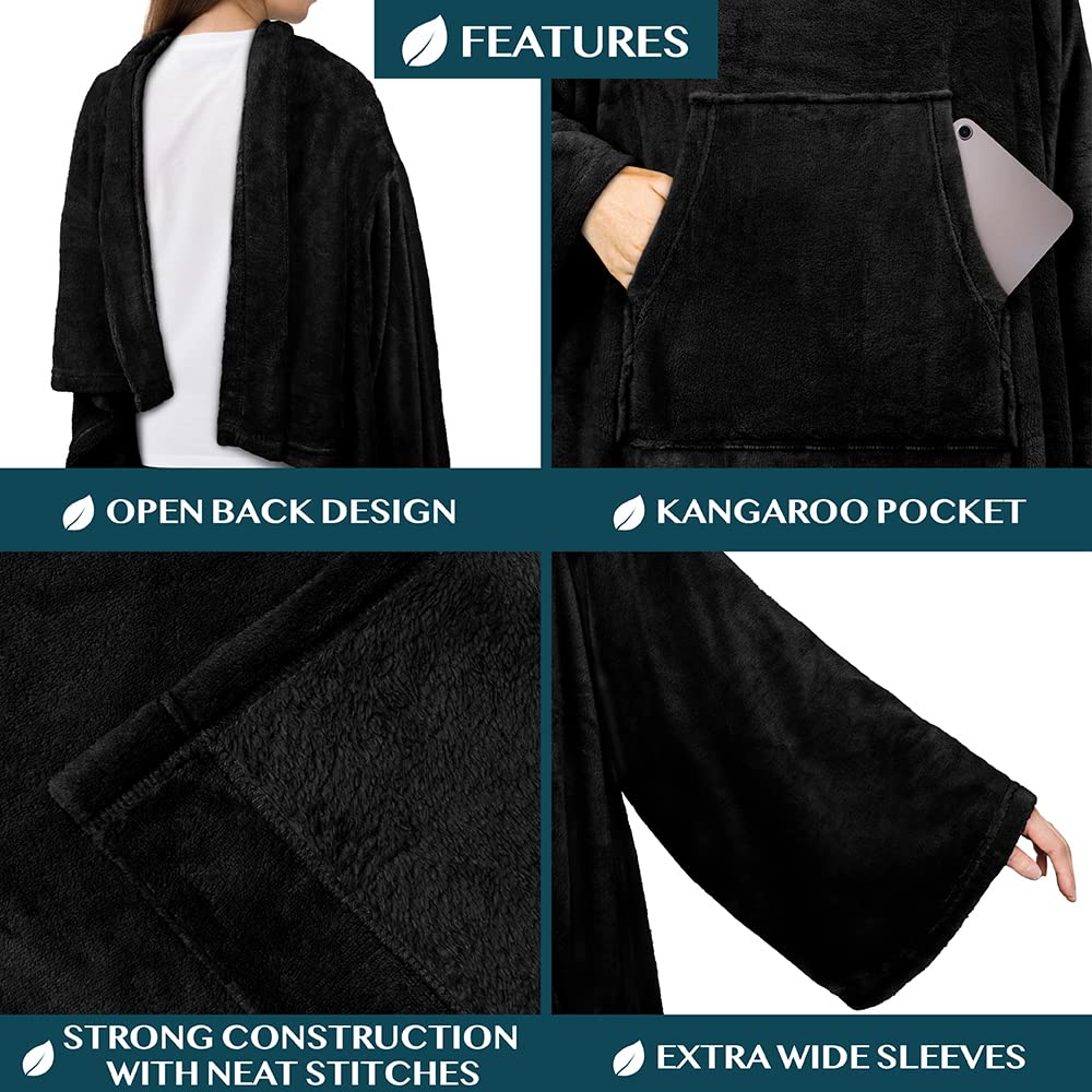 Pavilia Black Fleece Wearable Blanket With Sleeves For Adults Women Men, Soft Warm Full Body Wrap Throw, Sweatshirt Pocket, Cozy