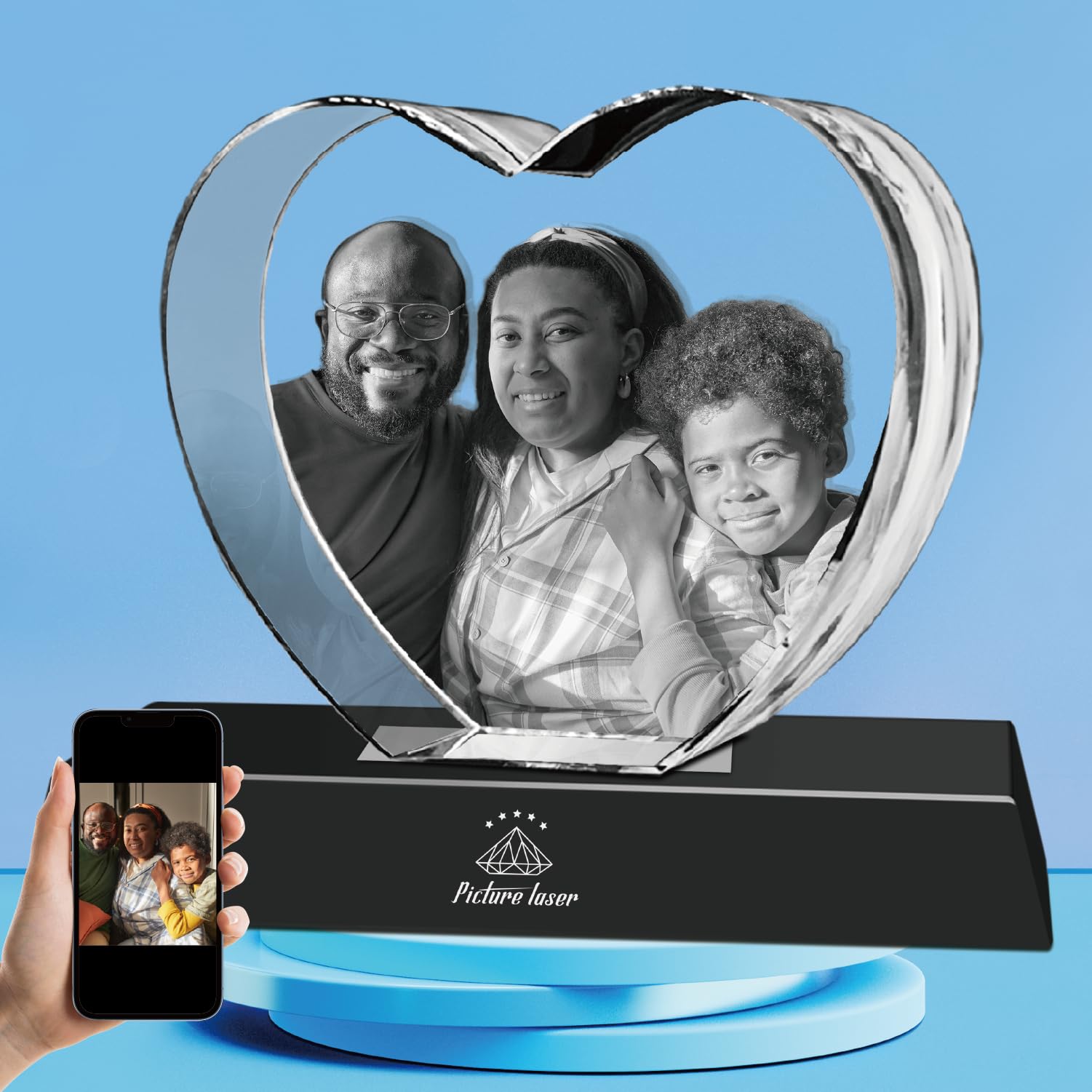 HANS LASER 3D Crystal Photo Heart Sharp with Light Base, Custom Glass Picture Cube with Your Own Photo Crystal for Women, Man, 