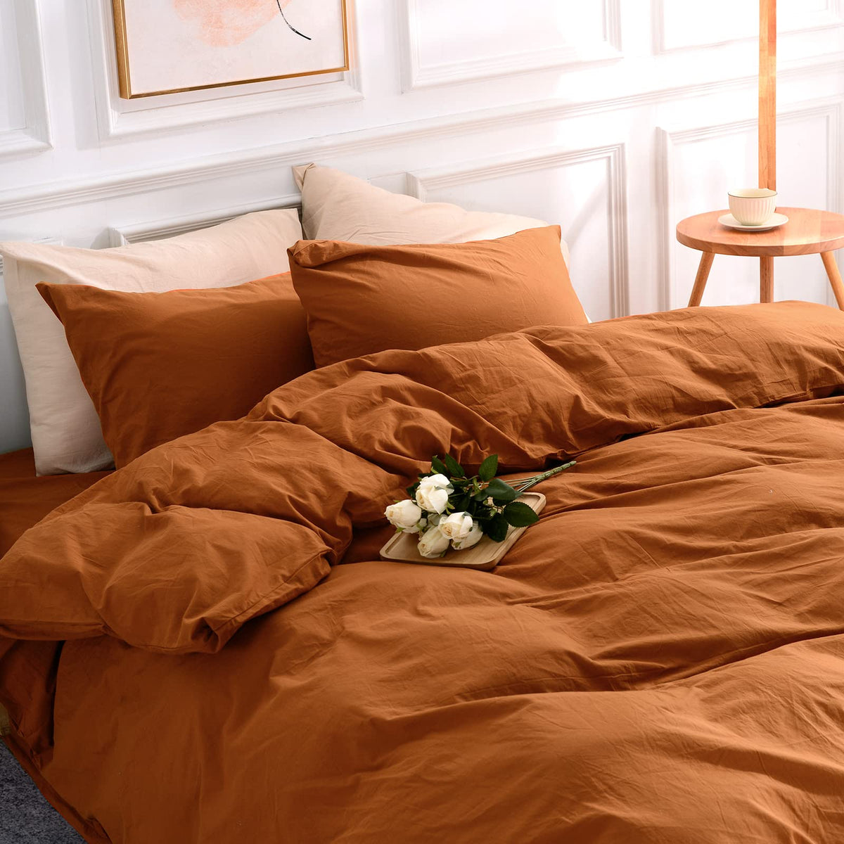 Nexhome Pro Duvet Cover Set 100% Washed Cotton Super King 108'X98', Organic Natural Linen Look Textured 3 Pieces Bedding Set T