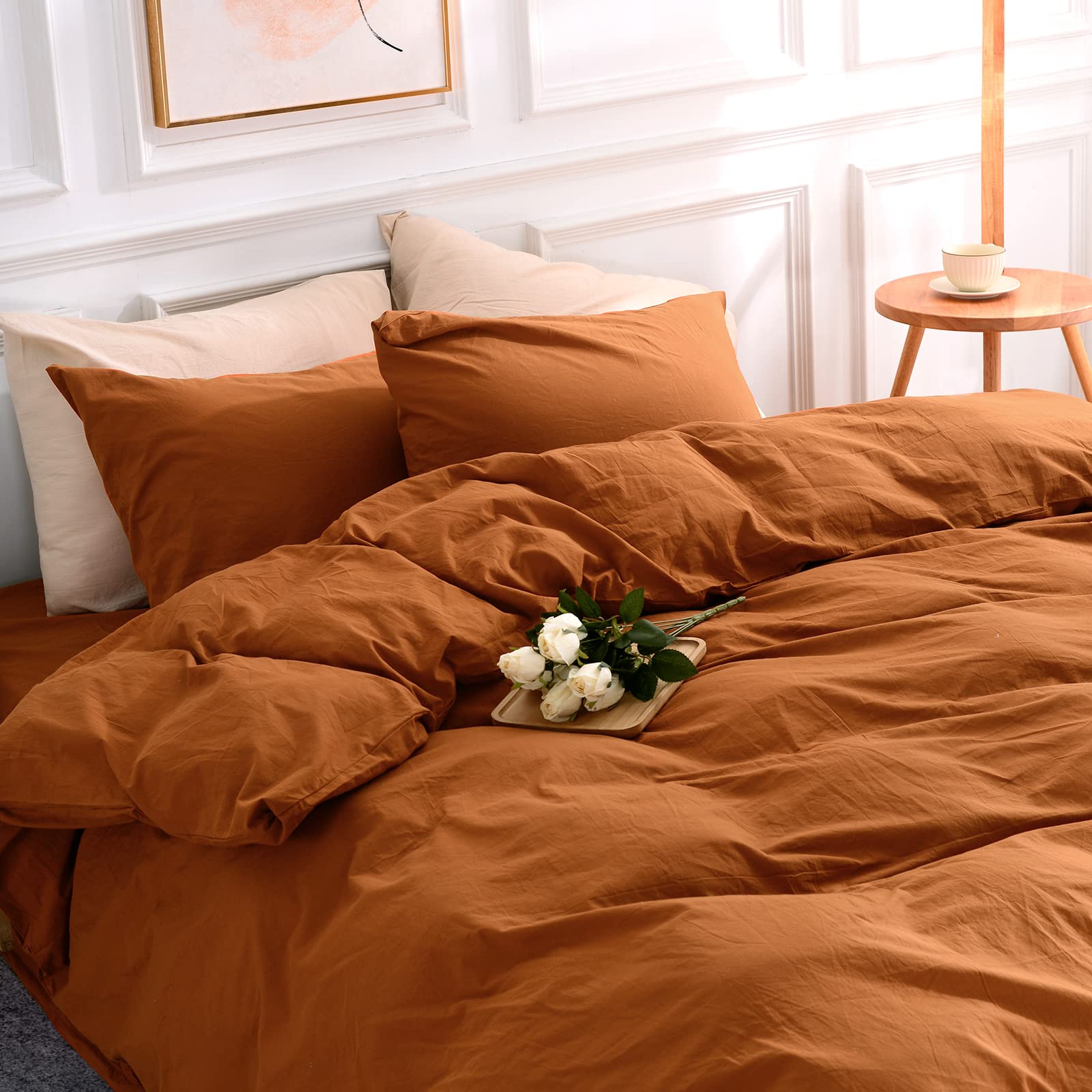 Nexhome Pro Terracotta Burnt Orange Duvet Cover Set Kids Twin Size Linen Look Textured Organic Natural 100% Washed Cotton Duvet
