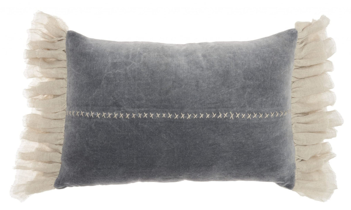 HomeRoots Grey Cotton Wide Tasseled Marble Steel Blue Lumbar Pillow