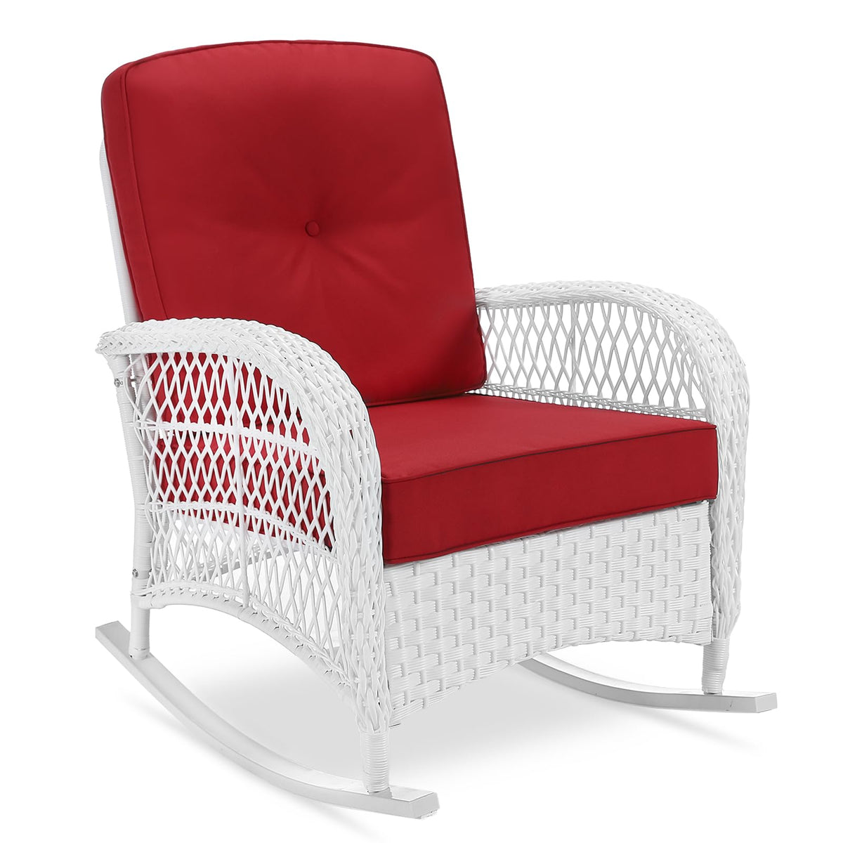 Vivijason Outdoor Wicker Rocking Chair, Patio Rattan Rocker Chair With Cushions & Steel Frame, All-Weather Rocking Lawn Wicker Furniture For Garden Backyard Porch (White Wicker/Red)
