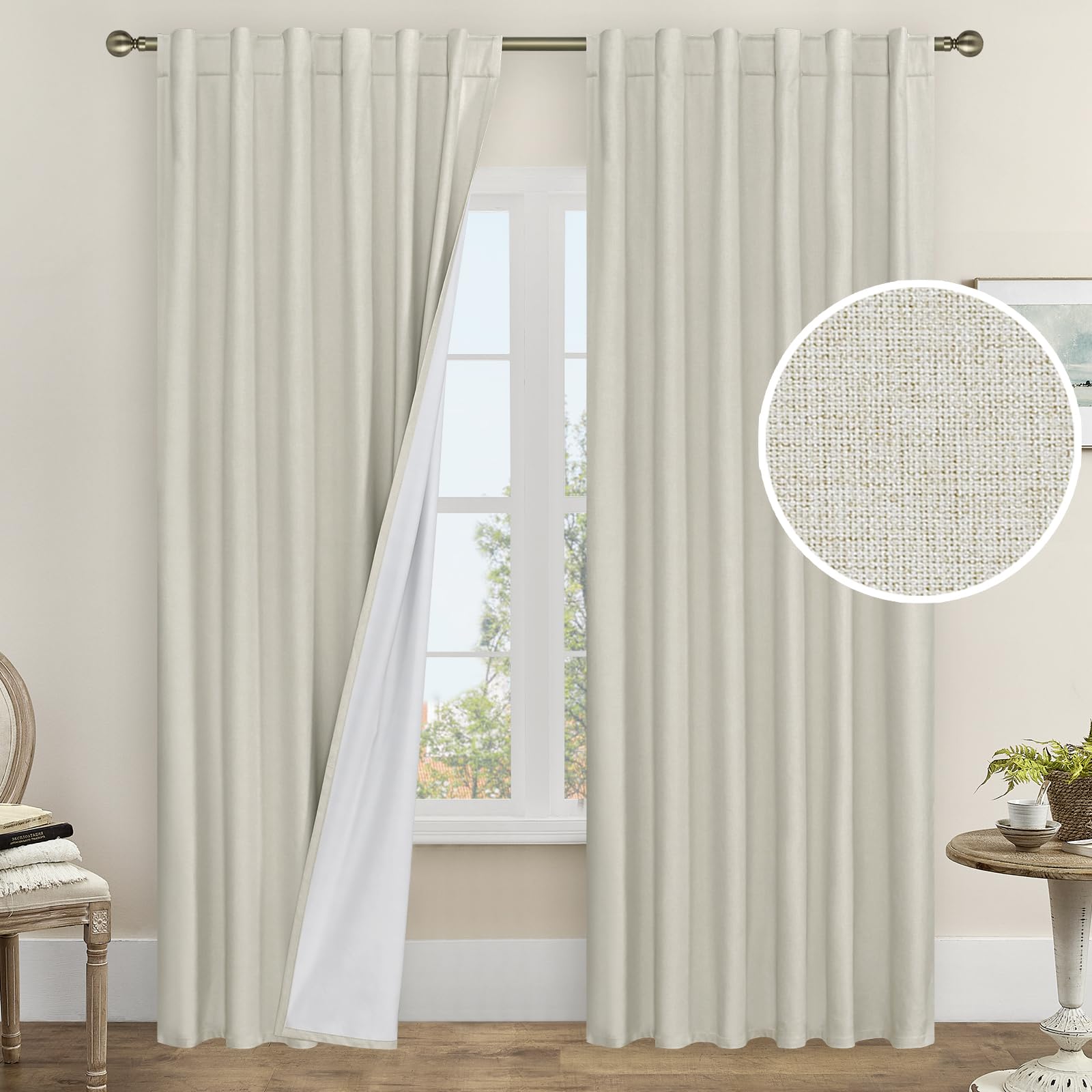 Lamit 100% Black Out Linen Curtains, 84 Inch Linen Textured Living Room Farmhouse Curtains Room Darkening Back Tab And Rod Pocke