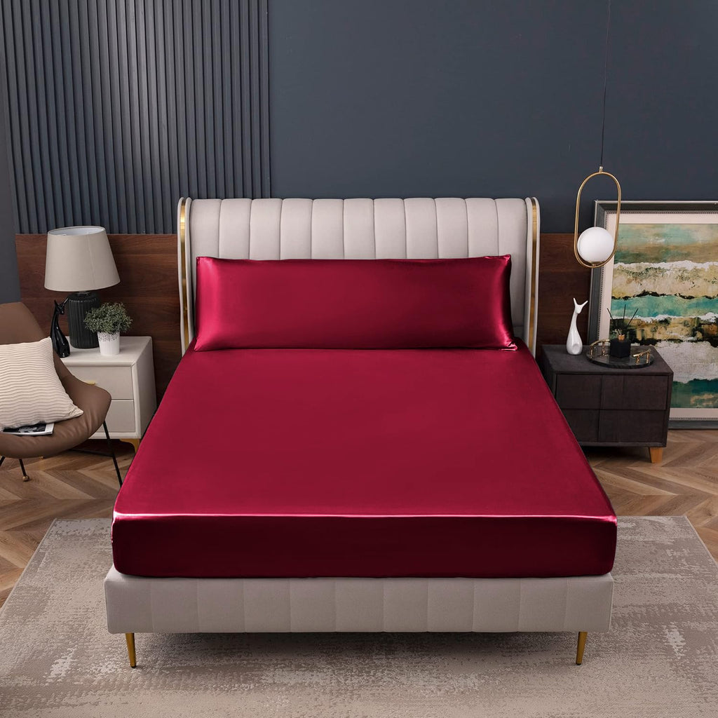 Homiest Burgundy Satin Fitted Sheet Queen Size Fitted Bed Sheet, Deep Pocket Fitted Sheet Only, Luxury & Ultra Soft Bedding Fitted Sheet Single Bottom Bed Sheets Sold Separately