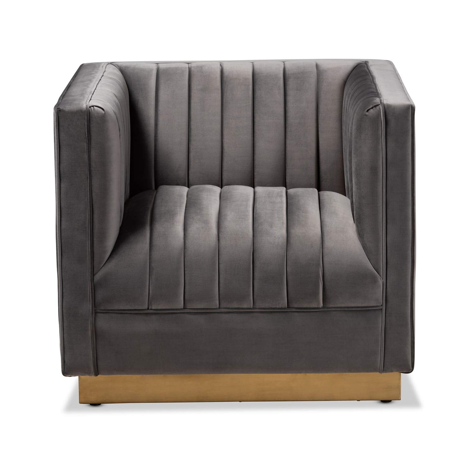 Baxton Studio Aveline Glam and Luxe Grey Velvet Fabric Upholstered Brushed Gold Finished Armchair