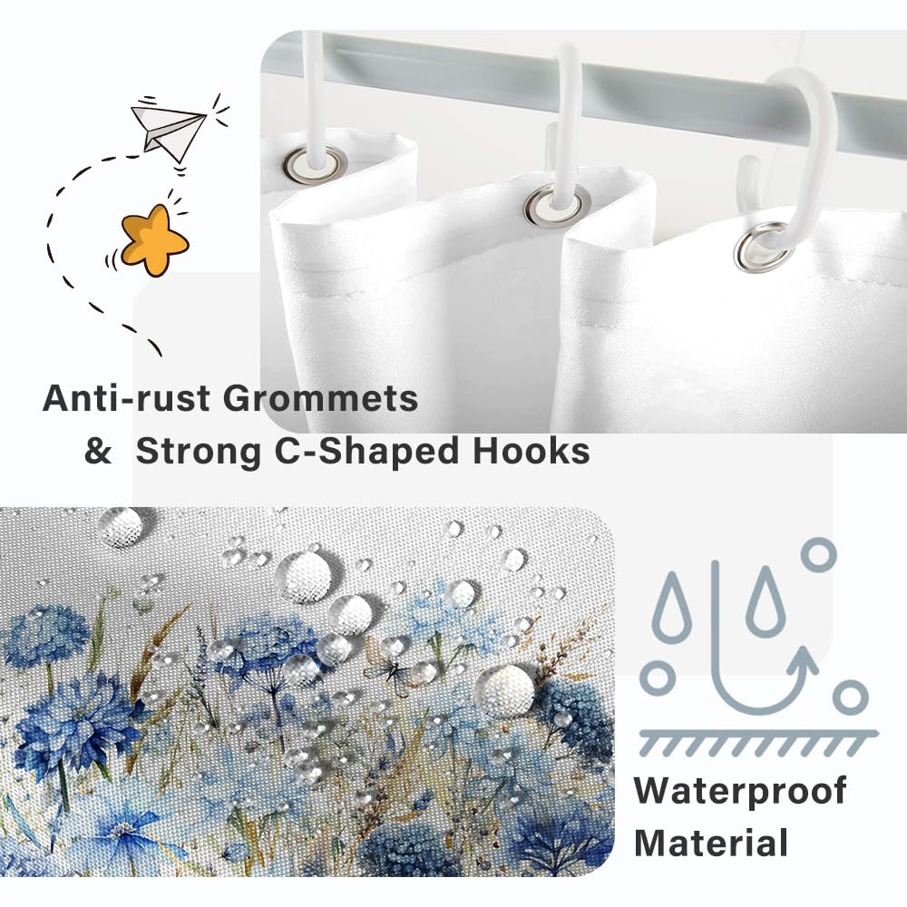 Ruelvth Blue Floral Shower Curtain, Watercolor Hydrangea Flower Shower Curtain For Bathroom Waterproof Fabric Shower Curtain Set
