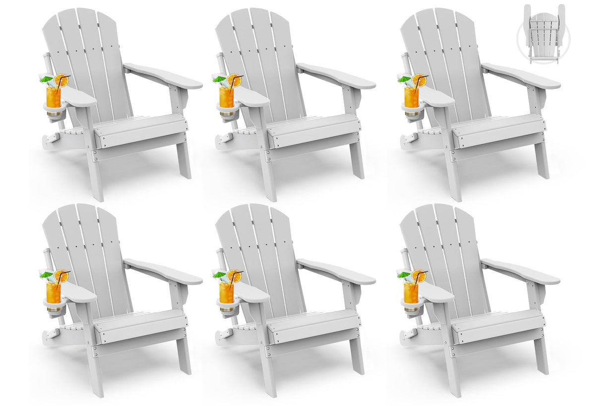 Greenvines Folding-Adirondack-Chairs-Set-Of-6 | Hdpe Plastic | Fire Pit Chair | All Weather | Cup Holder | White | For Deck Backyard Patio Outdoor Garden