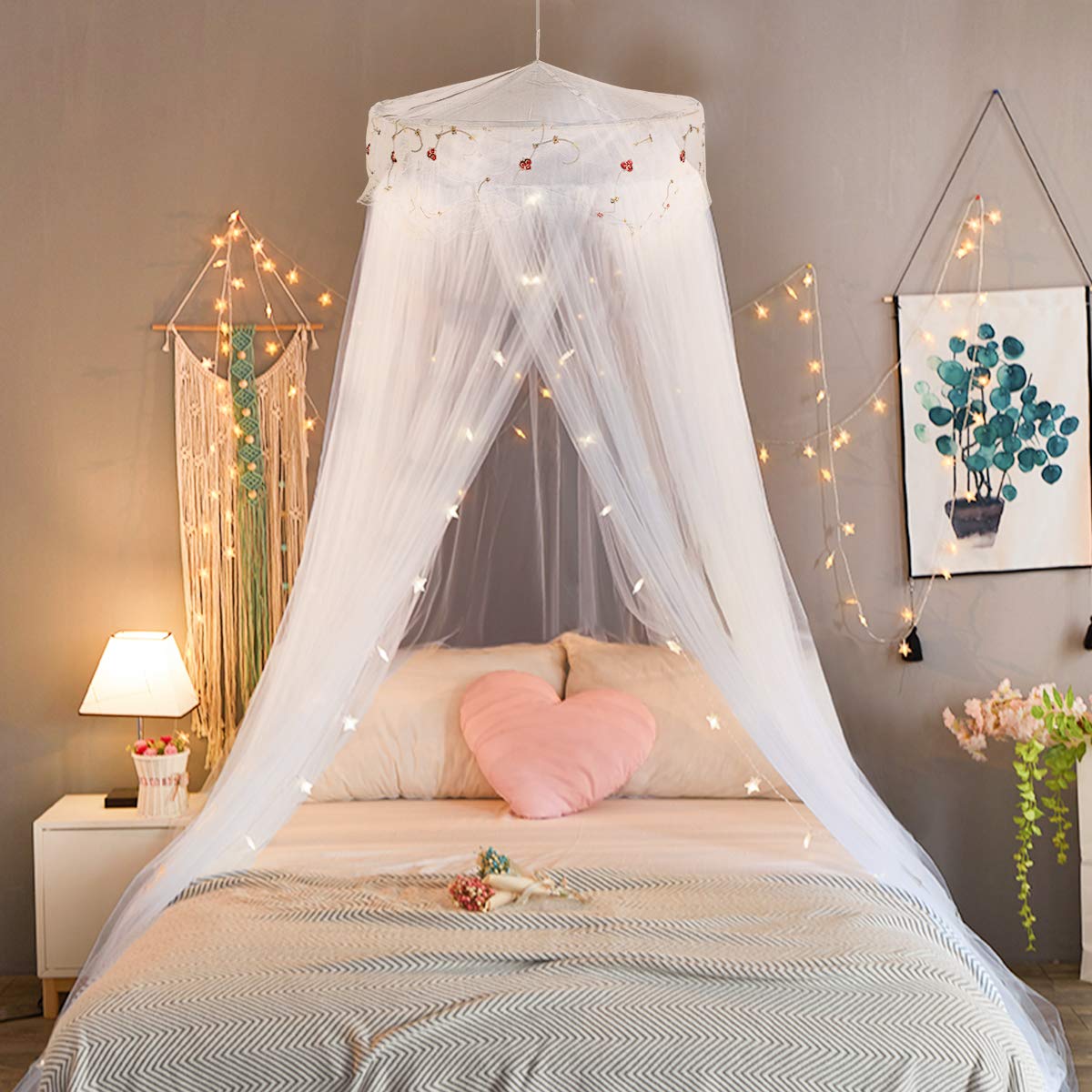 Jeteventy Bed Canopy For Girls, Princess Bed Curtain Net For Single To King Size,Bedroom Decoration Of Round Lace Dome With Stai