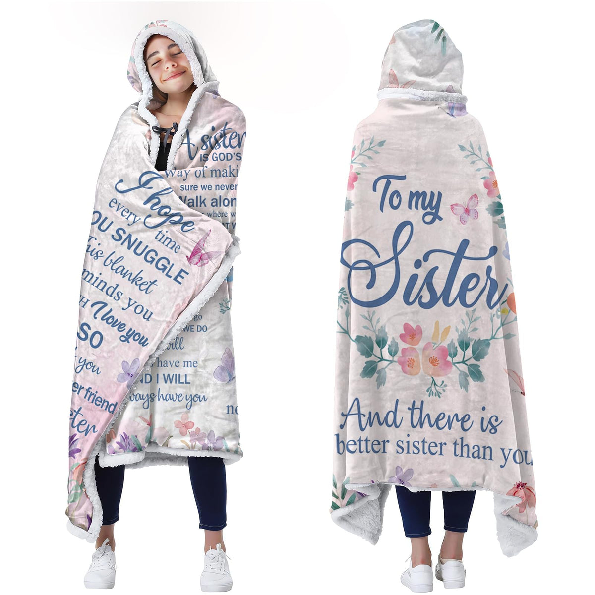 Sister Gifts Wearable Blanket - Sister Personalized Birthday Gifts From Sister Cousin, Light Pink Butterfly Design With Heartfel